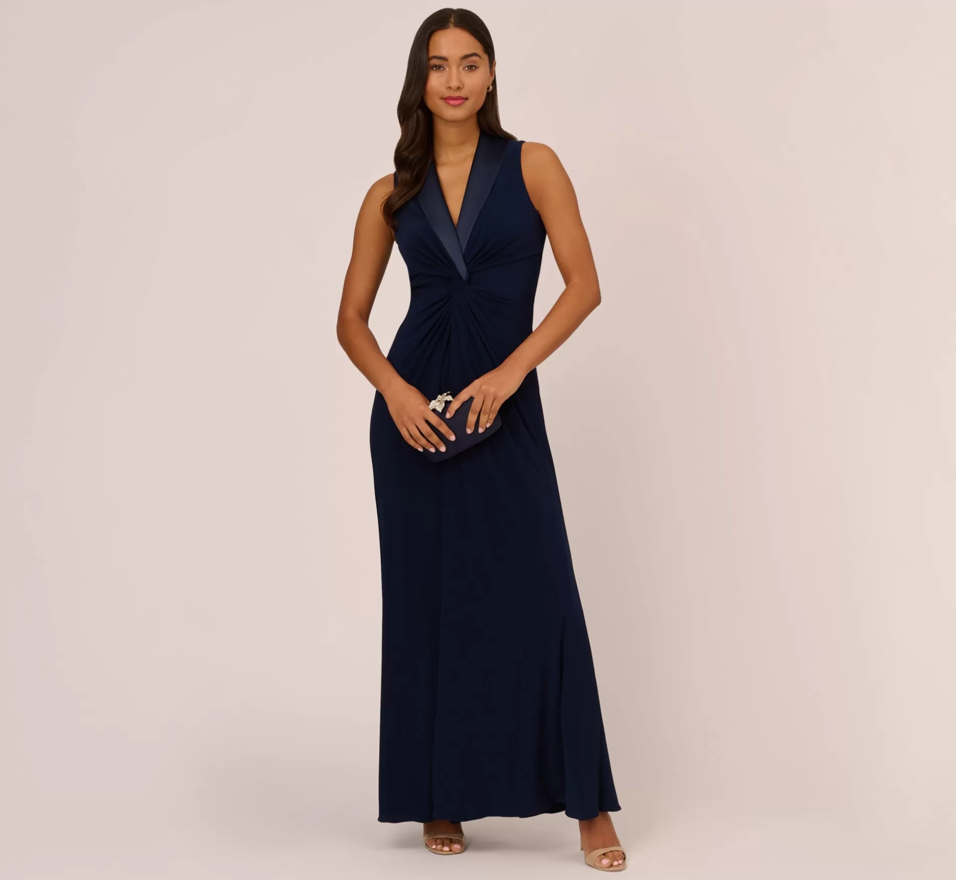 Store Matte Jersey Twist Front Tuxedo Long Gown In Midnight Best Sellers | Black Tie