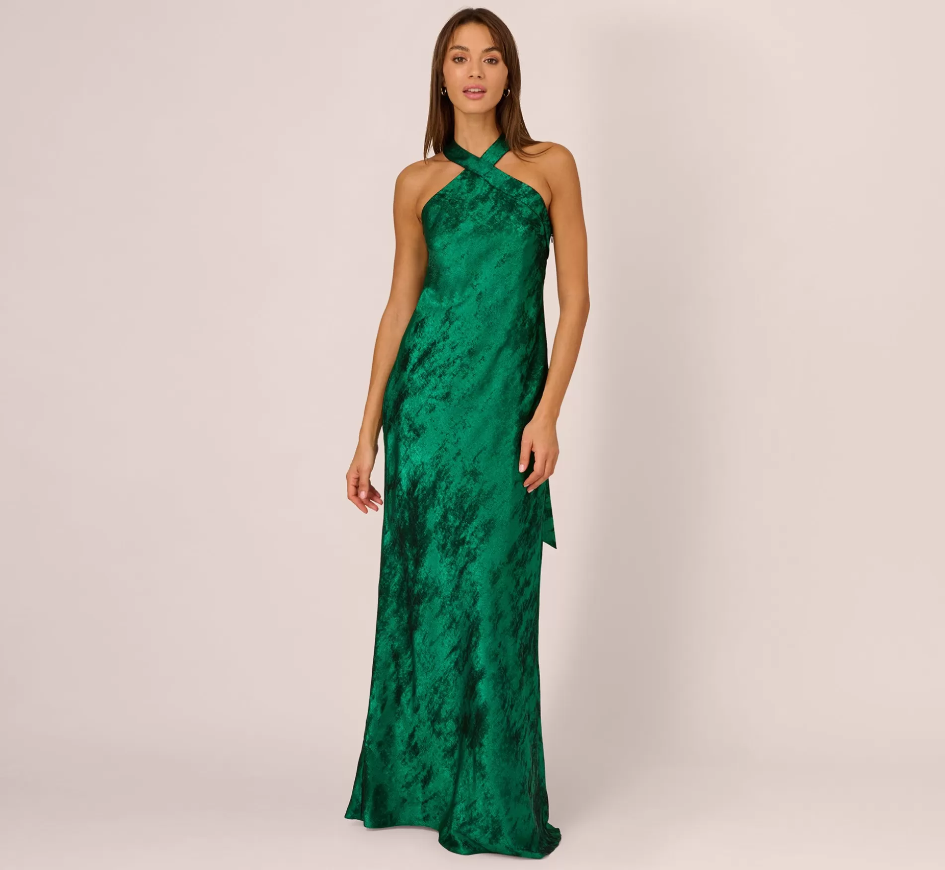 Cheap Metallic Chiffon Halter Gown In Green Formal | Long Dresses