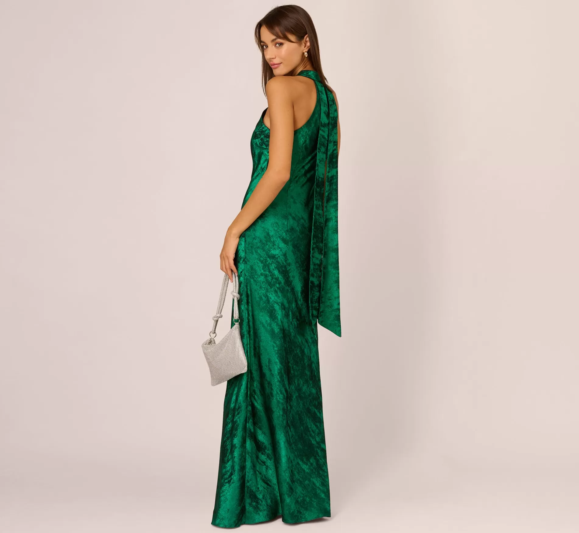 Cheap Metallic Chiffon Halter Gown In Green Formal | Long Dresses