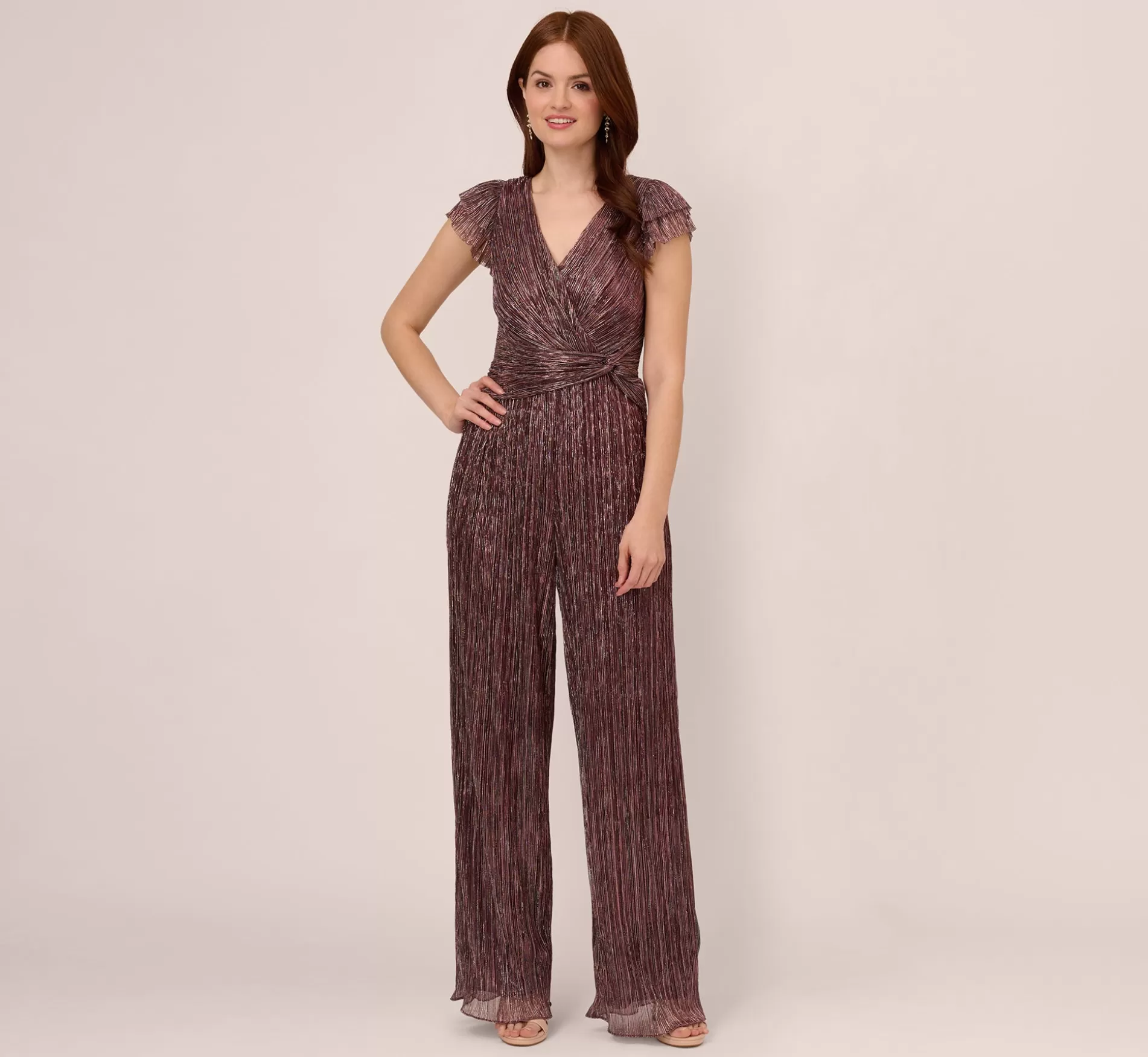 Clearance Metallic Crinkle Wide Leg Jumpsuit With Short Sleeves In Plum Jumpsuits | Black Tie