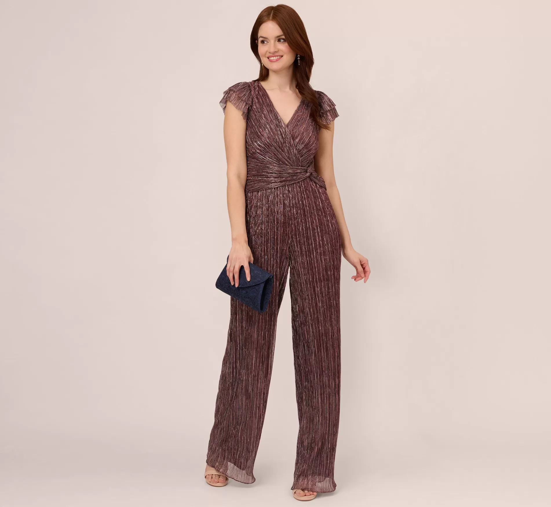 Clearance Metallic Crinkle Wide Leg Jumpsuit With Short Sleeves In Plum Jumpsuits | Black Tie