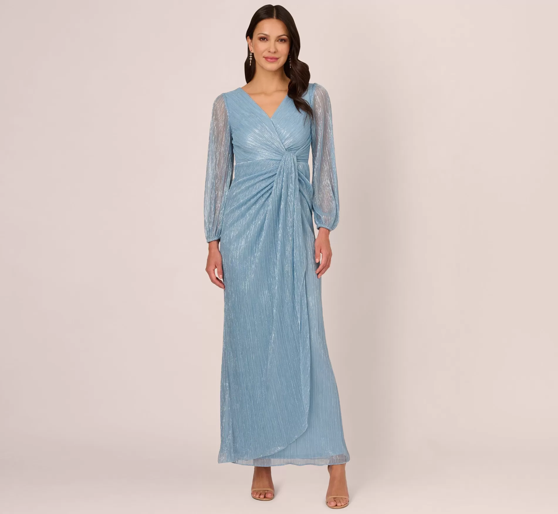 Sale Metallic Crinkled Mesh Draped Long Gown In Belize Blue Formal | Sleeves