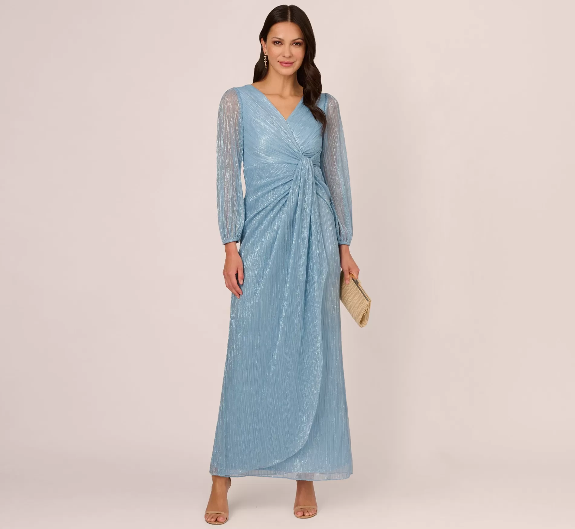 Sale Metallic Crinkled Mesh Draped Long Gown In Belize Blue Formal | Sleeves