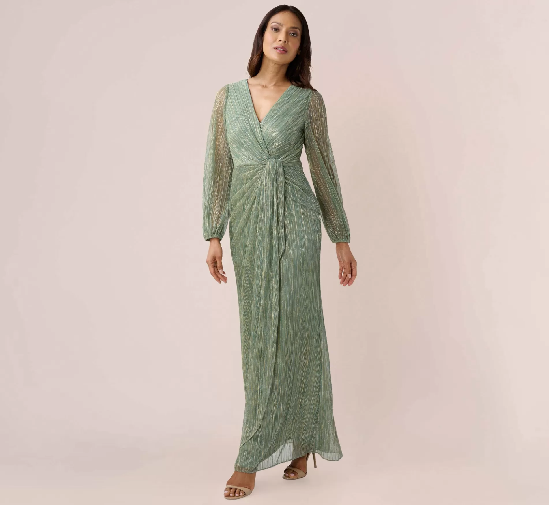 Flash Sale Metallic Crinkled Mesh Draped Long Gown In Green Slate Sleeves | Day Dresses