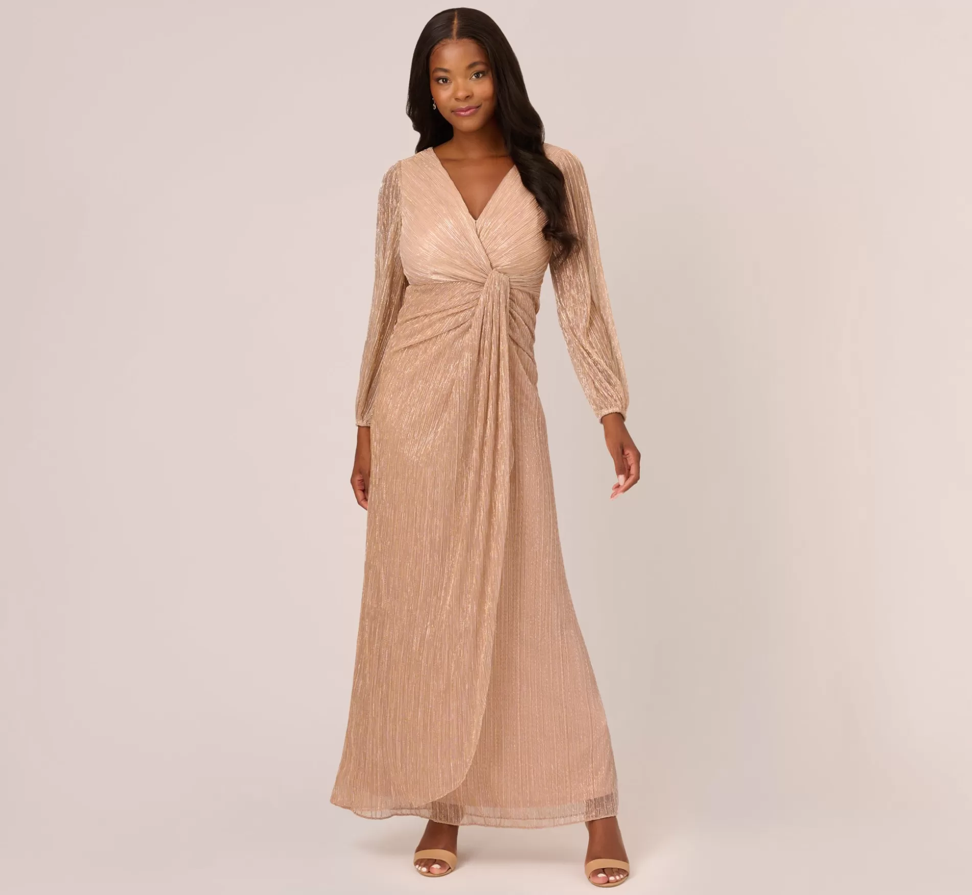 Cheap Metallic Crinkled Mesh Draped Long Gown In Light Gold Sleeves | Day Dresses