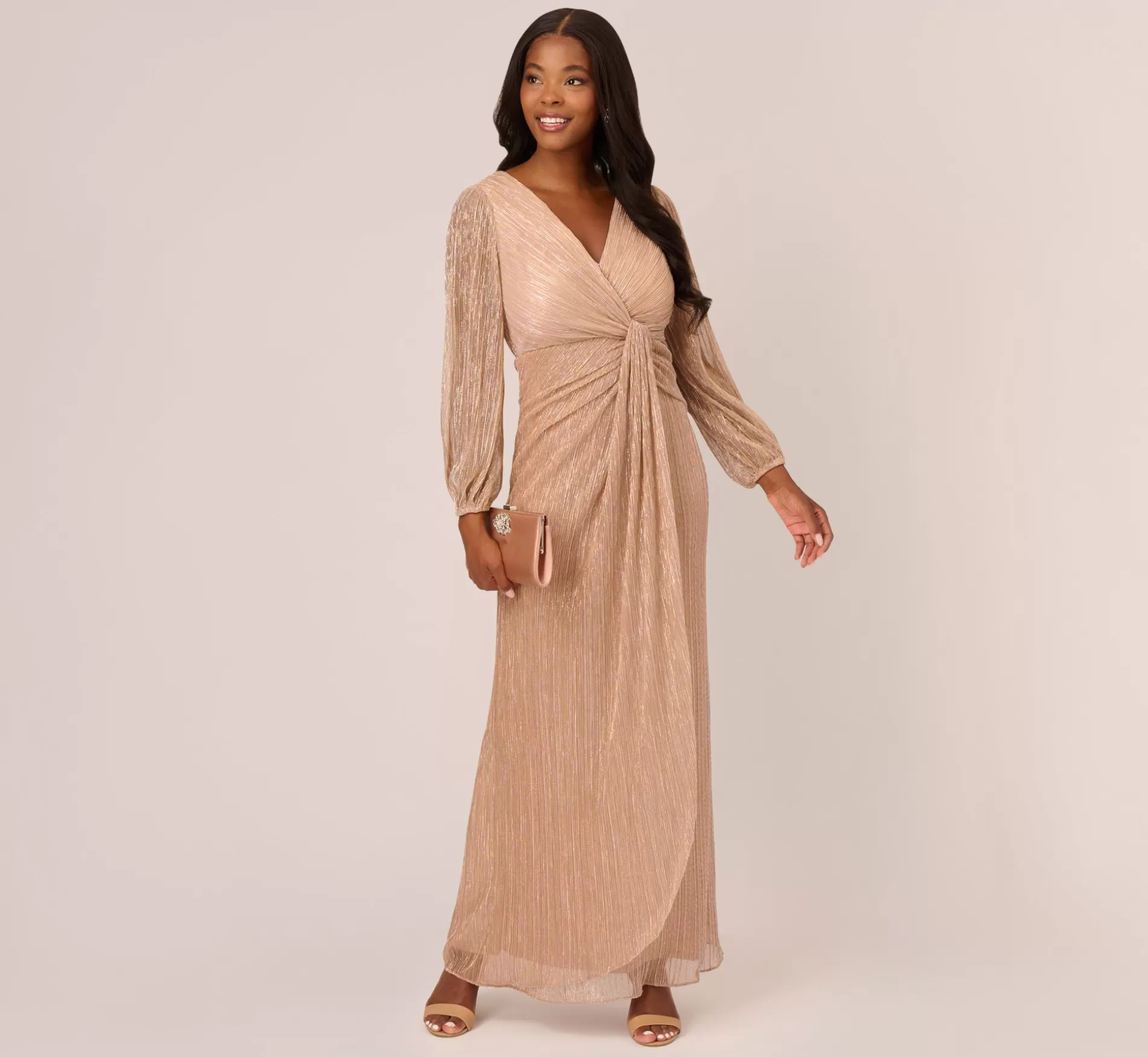 Cheap Metallic Crinkled Mesh Draped Long Gown In Light Gold Sleeves | Day Dresses