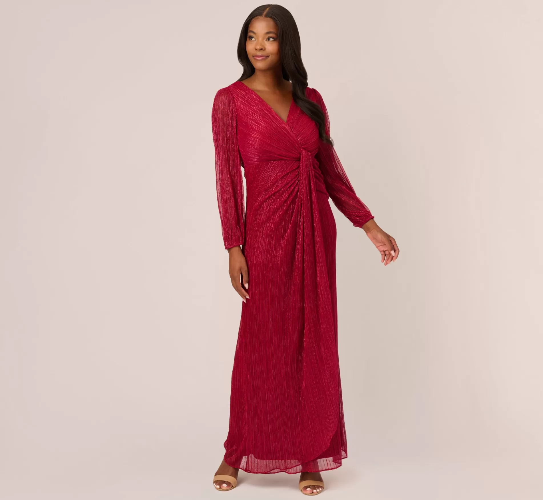 Cheap Metallic Crinkled Mesh Draped Long Gown In Scarlet Sleeves | Day Dresses