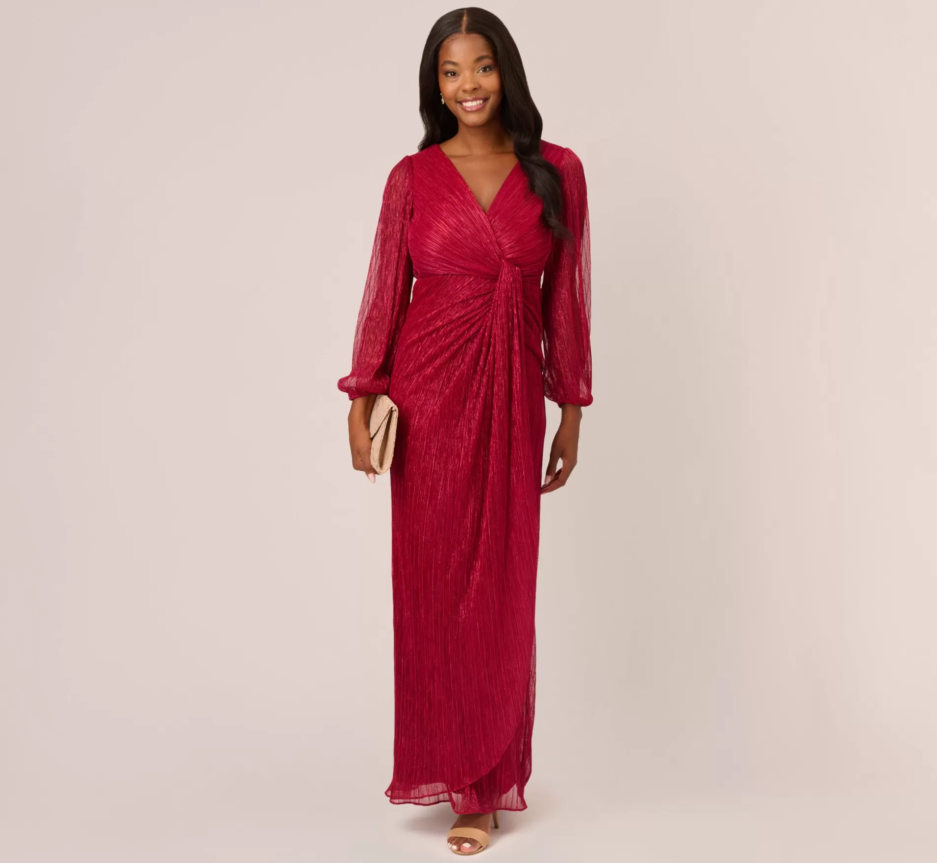 Cheap Metallic Crinkled Mesh Draped Long Gown In Scarlet Sleeves | Day Dresses