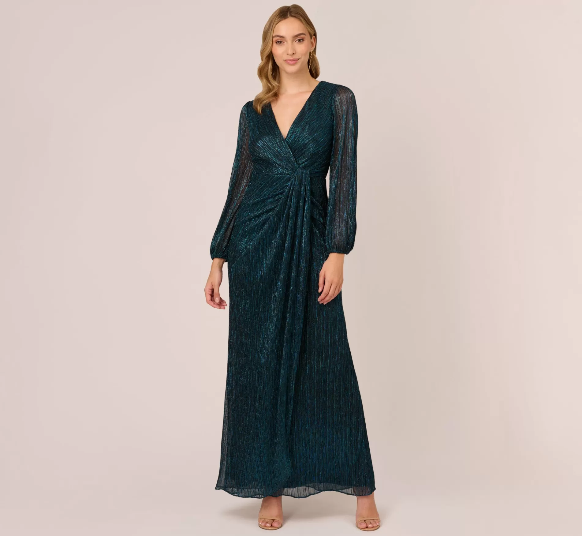 Sale Metallic Crinkled Mesh Draped Long Gown In Teal Sapphire Formal | Sleeves