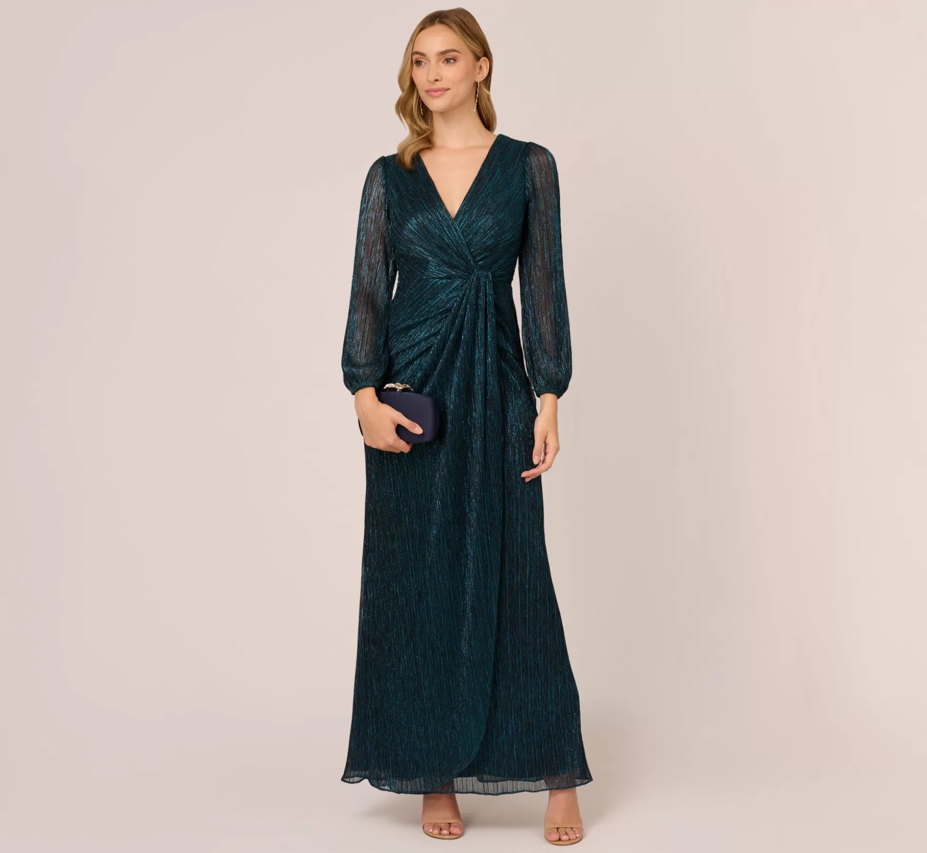 Sale Metallic Crinkled Mesh Draped Long Gown In Teal Sapphire Formal | Sleeves