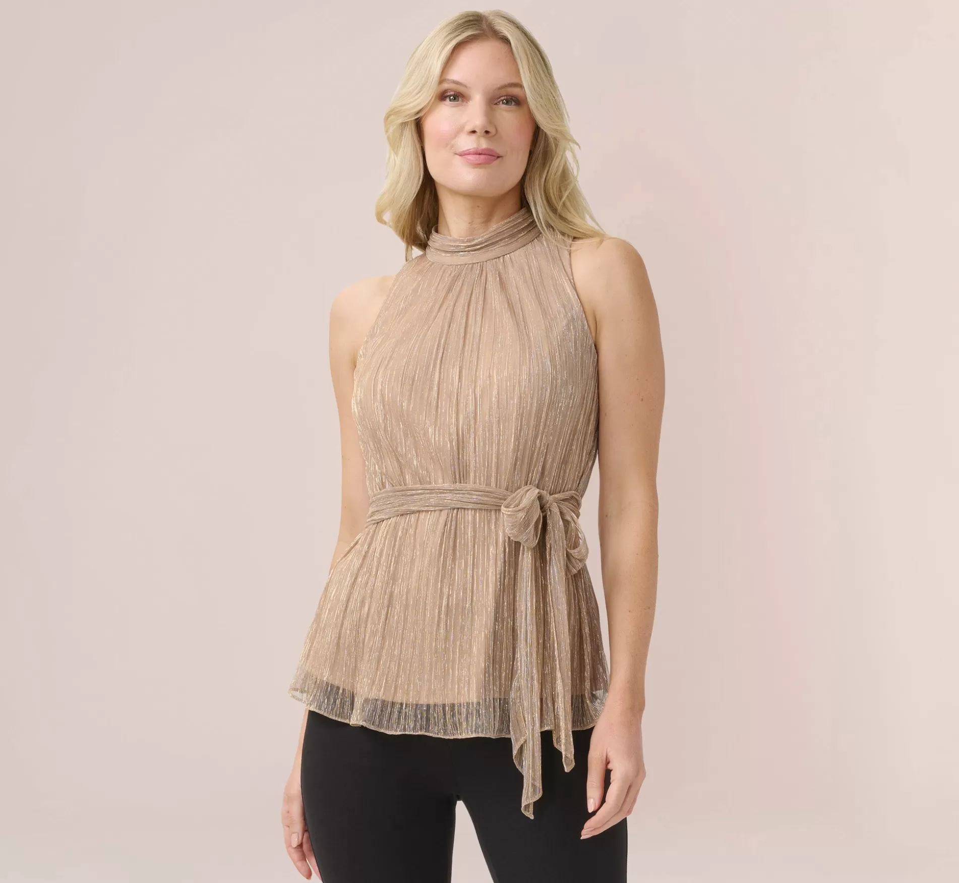 Cheap Metallic Crinkled Mesh Halter Top In Champagne Gold Separates | Separates