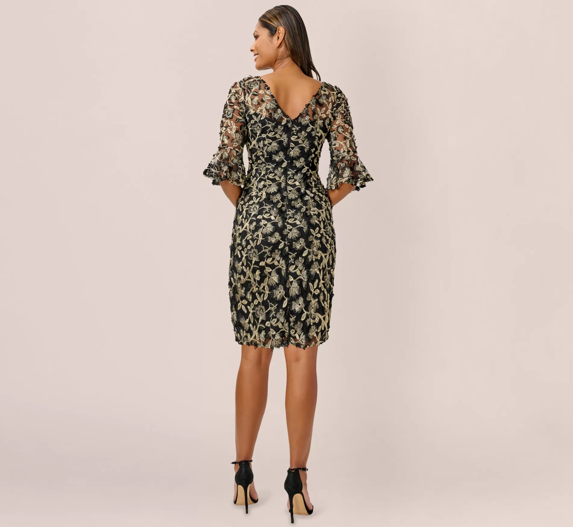 Online Metallic Embroidered Sheath Dress In Black Gold Floral | Floral