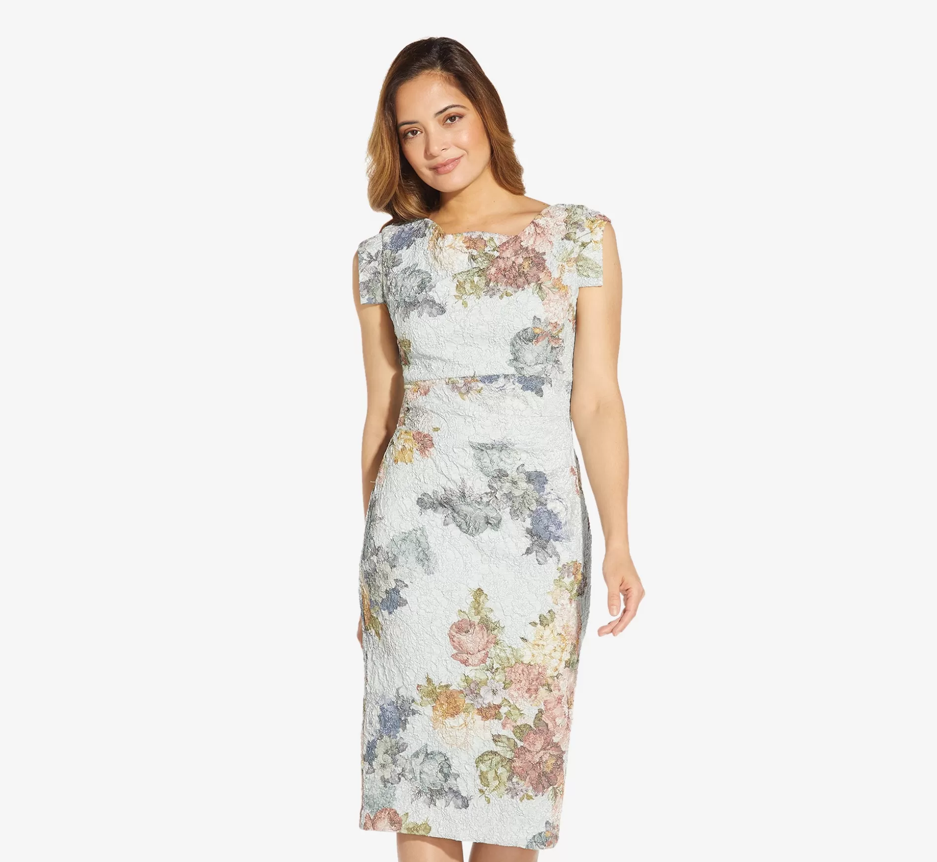 Clearance Metallic Floral Matelasse Midi-Length Sheath Cocktail Dress In Sky Blue Multi Floral | Floral