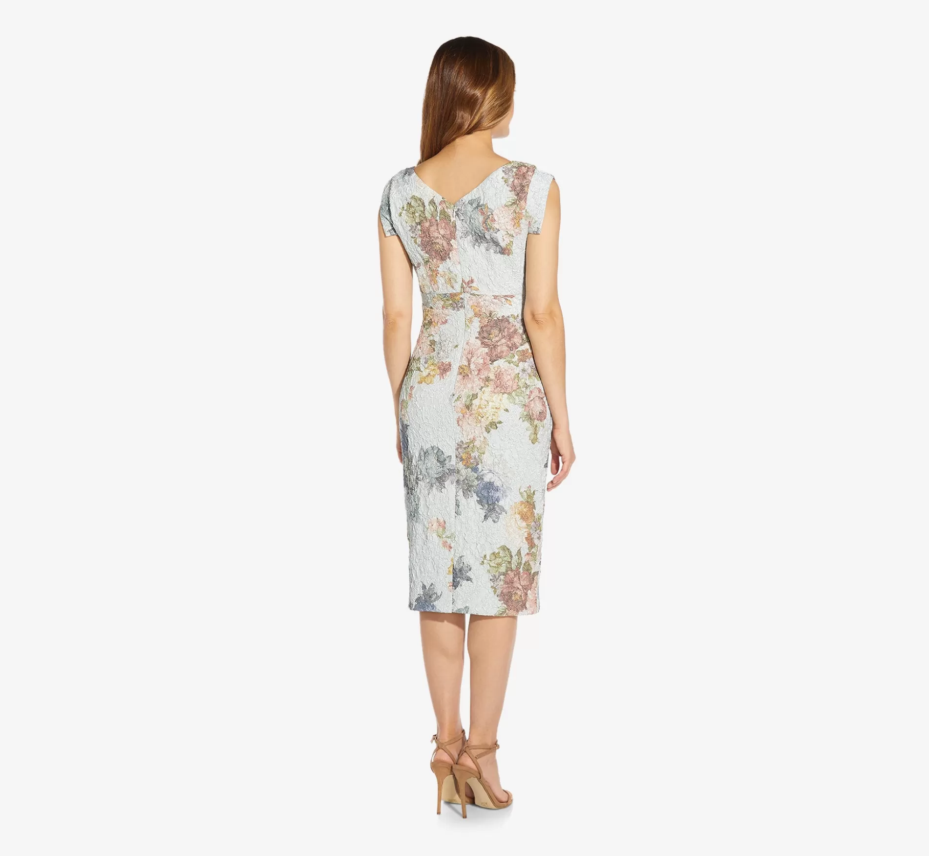 Clearance Metallic Floral Matelasse Midi-Length Sheath Cocktail Dress In Sky Blue Multi Floral | Floral
