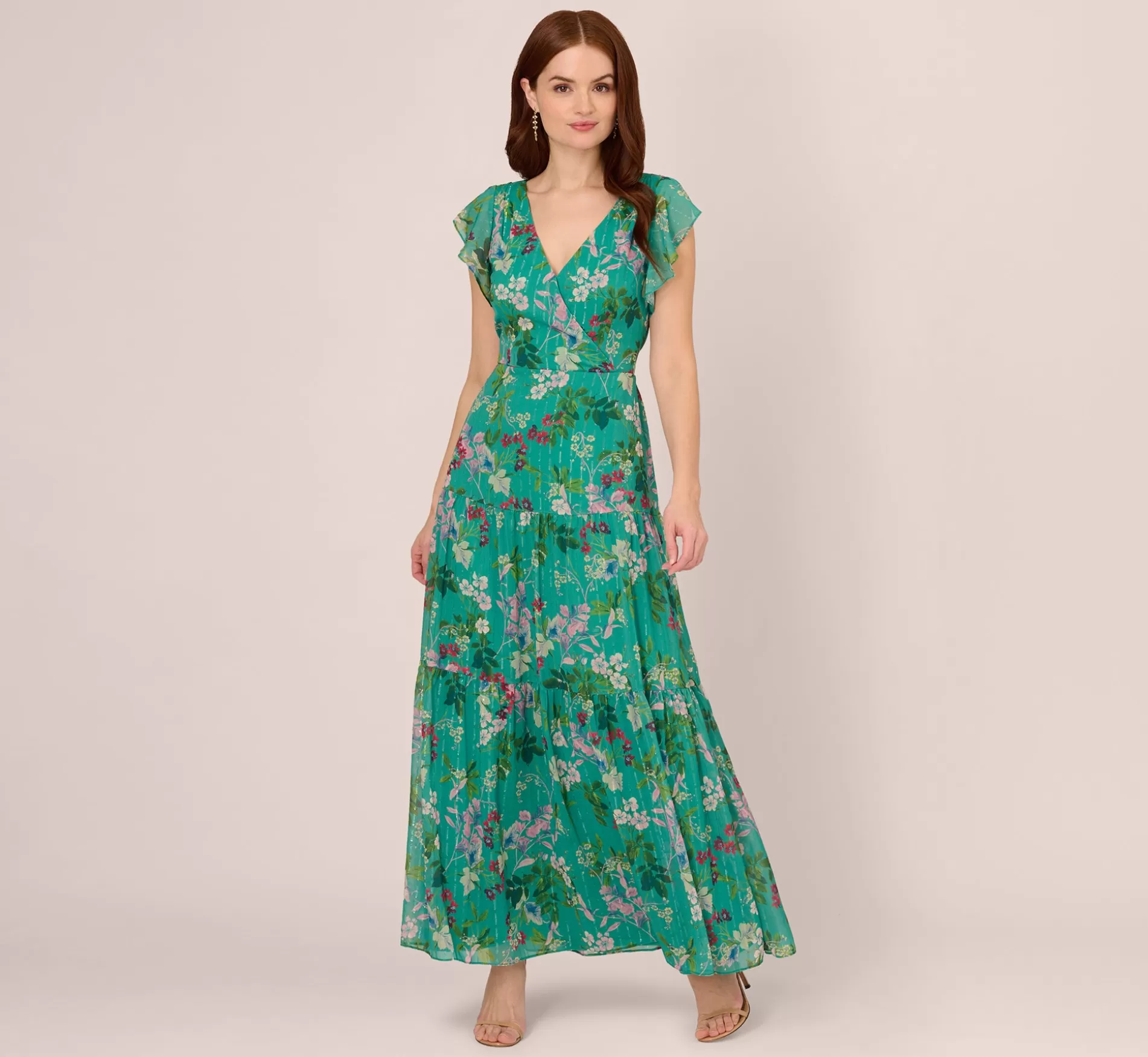 Flash Sale Metallic Floral Print Ankle Length Gown With Flutter Sleeves In Green Multi Black Tie | Formal