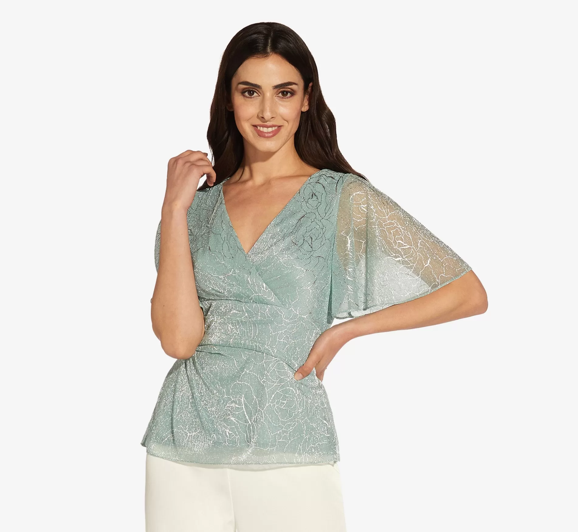 New Metallic Flutter Sleeve Faux Wrap Top In Sea Glass Separates | Separates