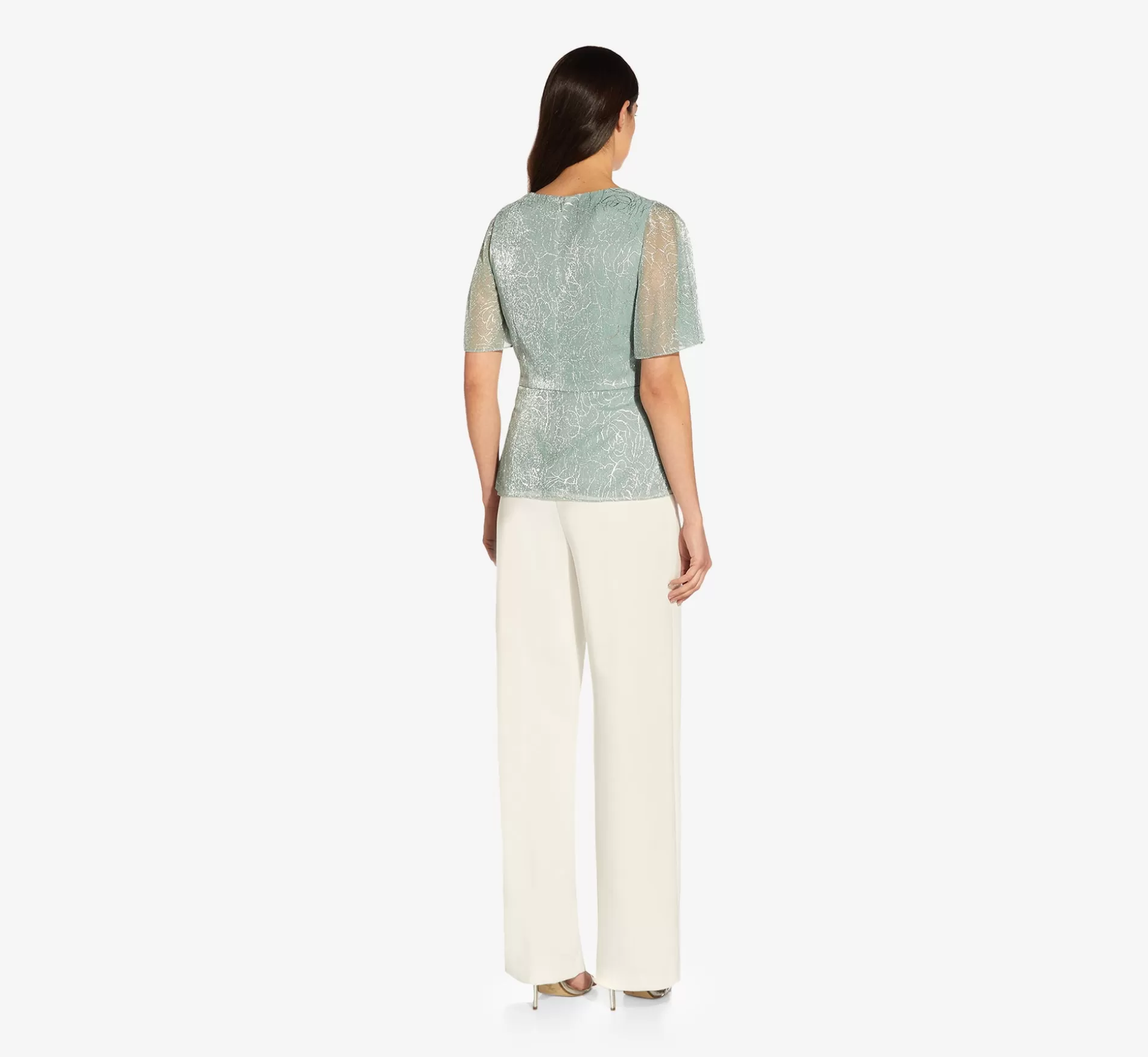 New Metallic Flutter Sleeve Faux Wrap Top In Sea Glass Separates | Separates