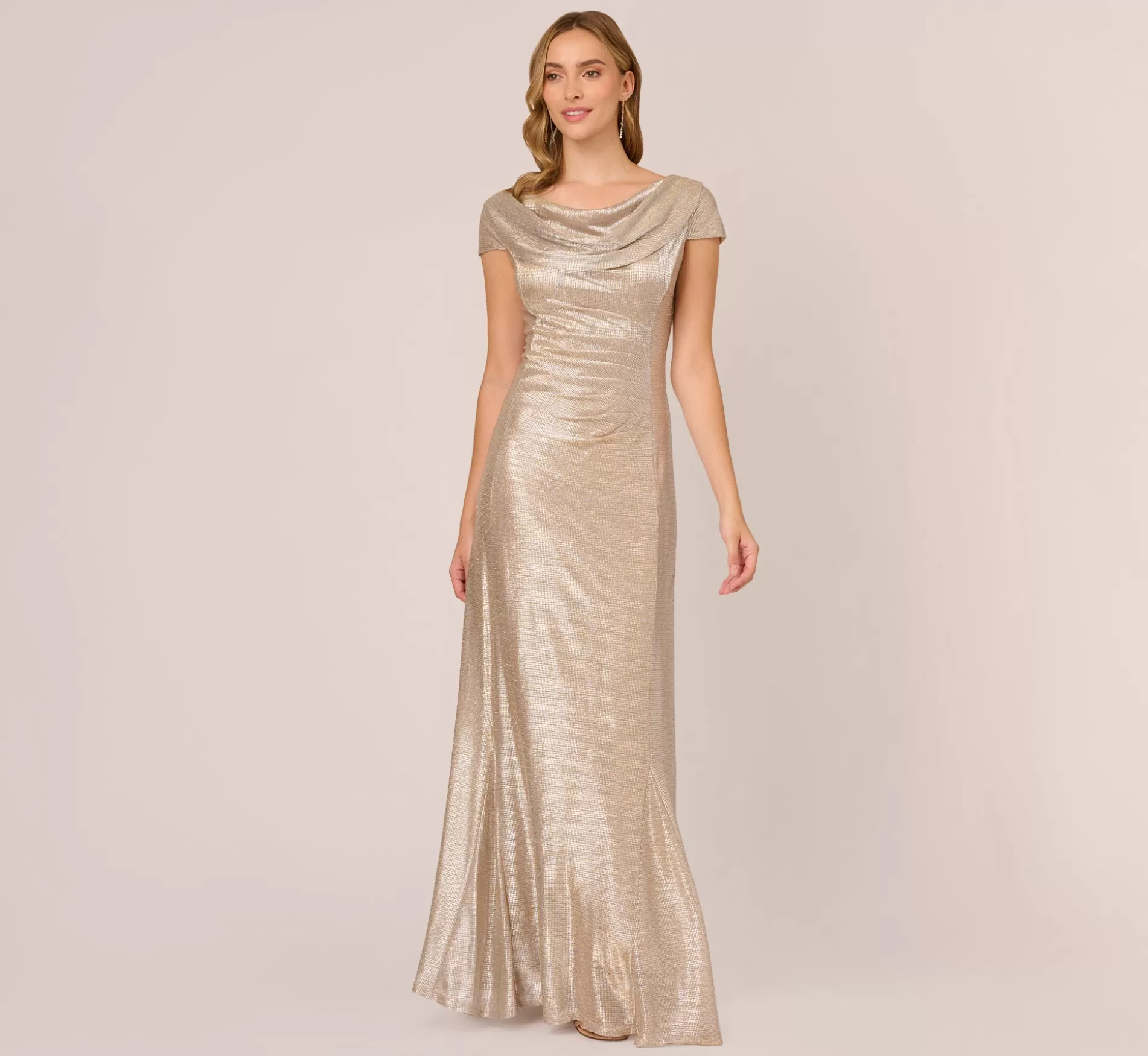 Outlet Metallic Foil Knit Draped Long Gown In Alabaster Black Tie | Day Dresses