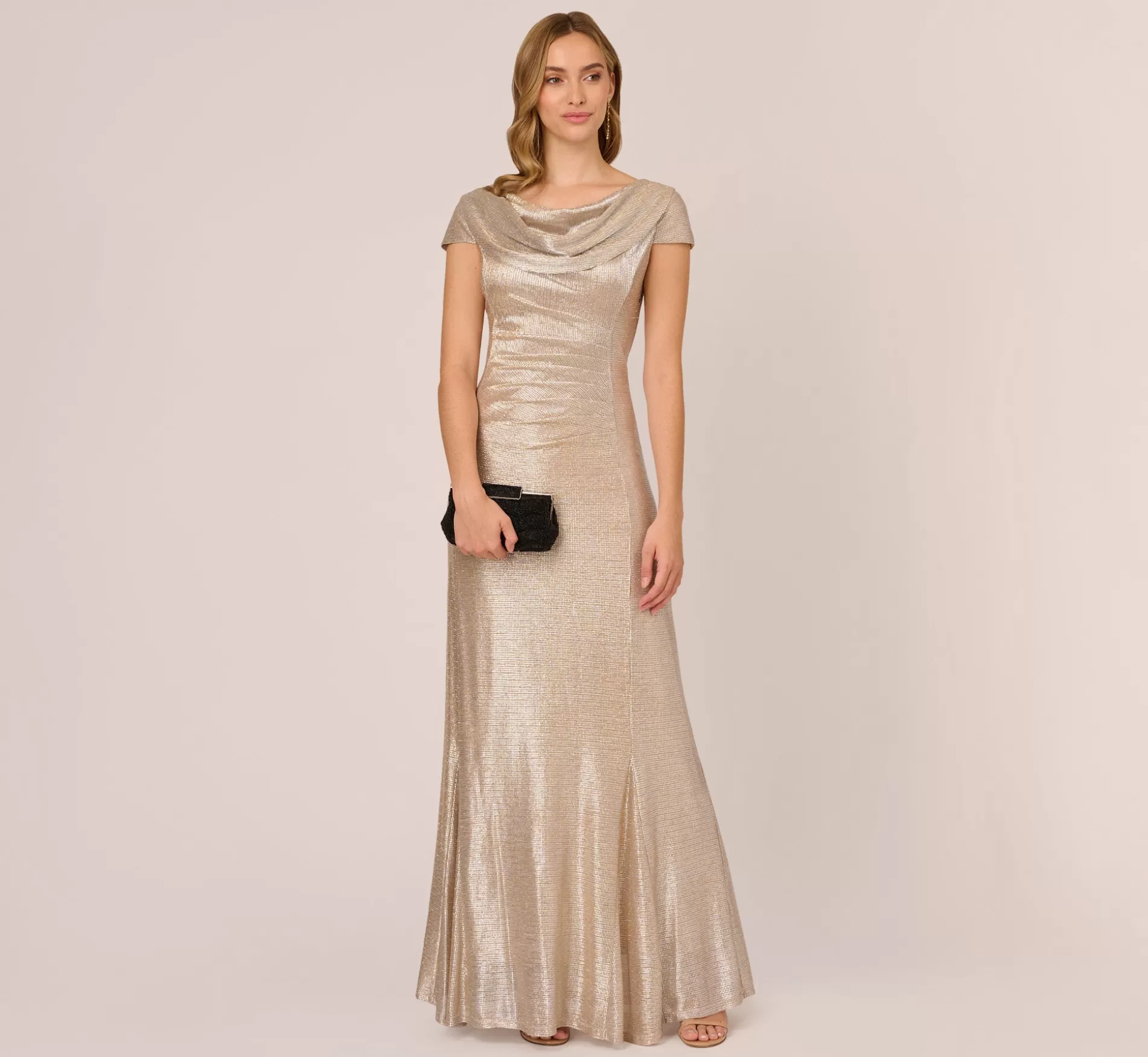 Outlet Metallic Foil Knit Draped Long Gown In Alabaster Black Tie | Day Dresses