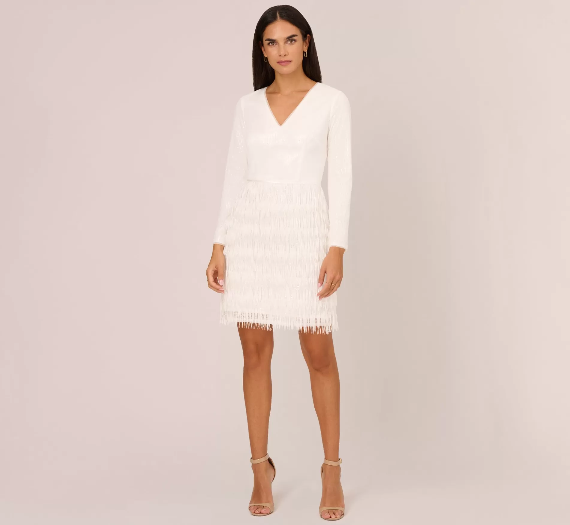 Clearance Metallic Knit Asymmetrical Sheath Dress With Ruffle Accent In Ivory Little White Dresses | Short Dresses