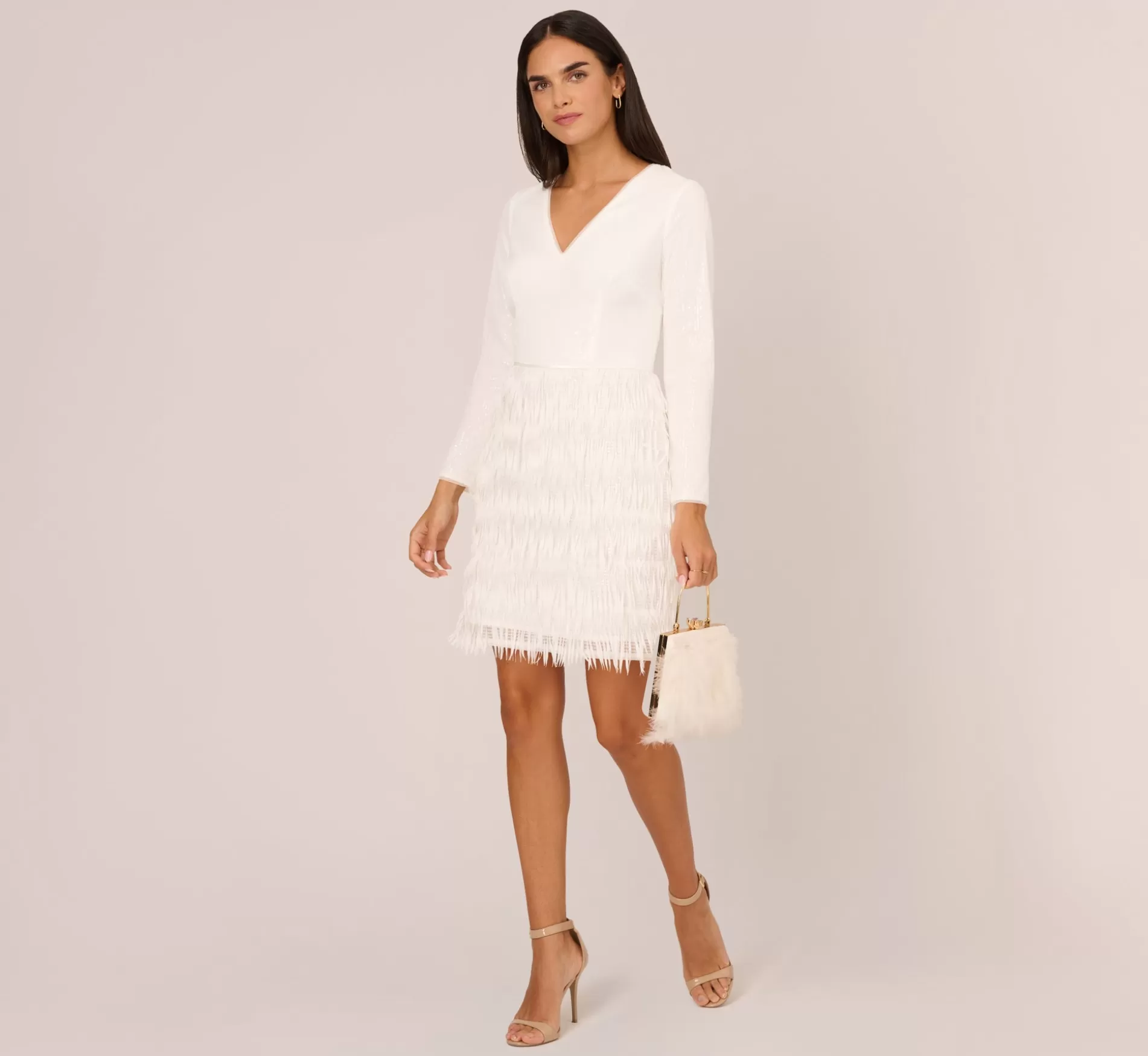 Clearance Metallic Knit Asymmetrical Sheath Dress With Ruffle Accent In Ivory Little White Dresses | Short Dresses