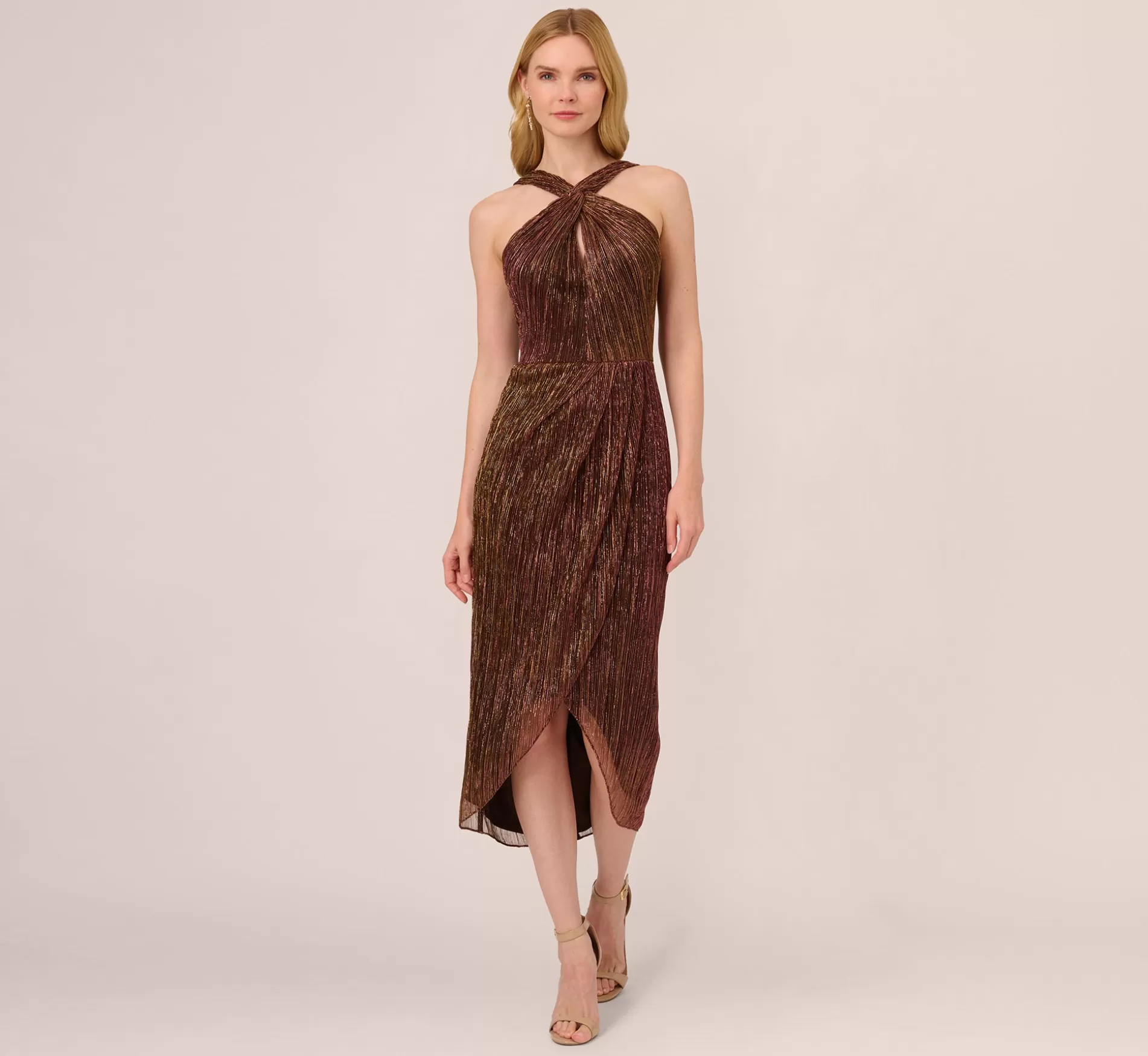 Sale Metallic Knit Halter Midi Dress With Wrap Skirt In Copper Long Dresses | Best Sellers