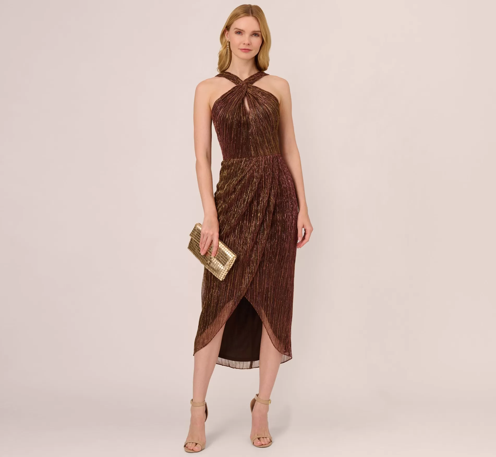 Sale Metallic Knit Halter Midi Dress With Wrap Skirt In Copper Long Dresses | Best Sellers