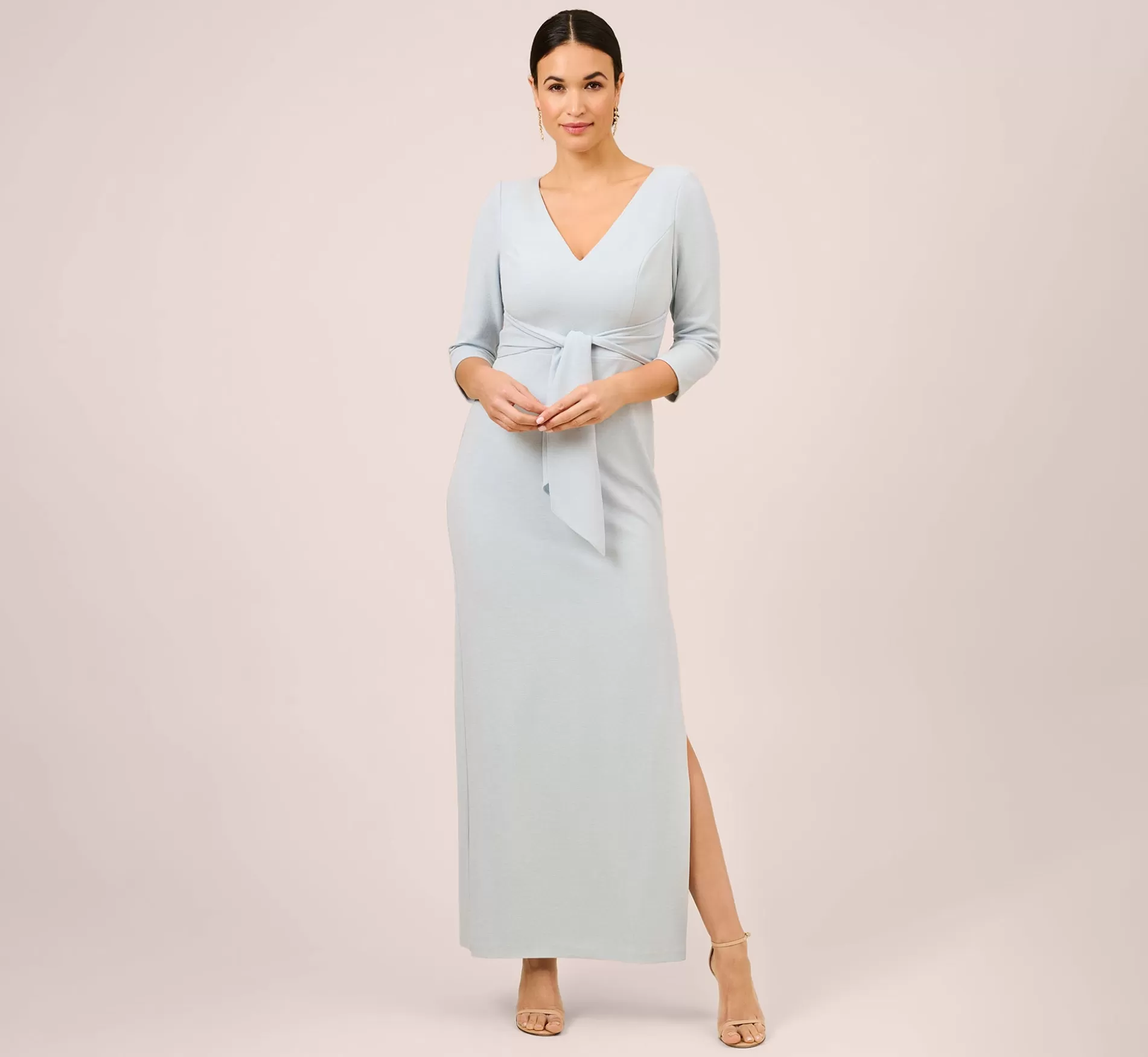 Outlet Metallic Knit Tie-Front Long Column Gown In Skyway Long Dresses | Sleeves