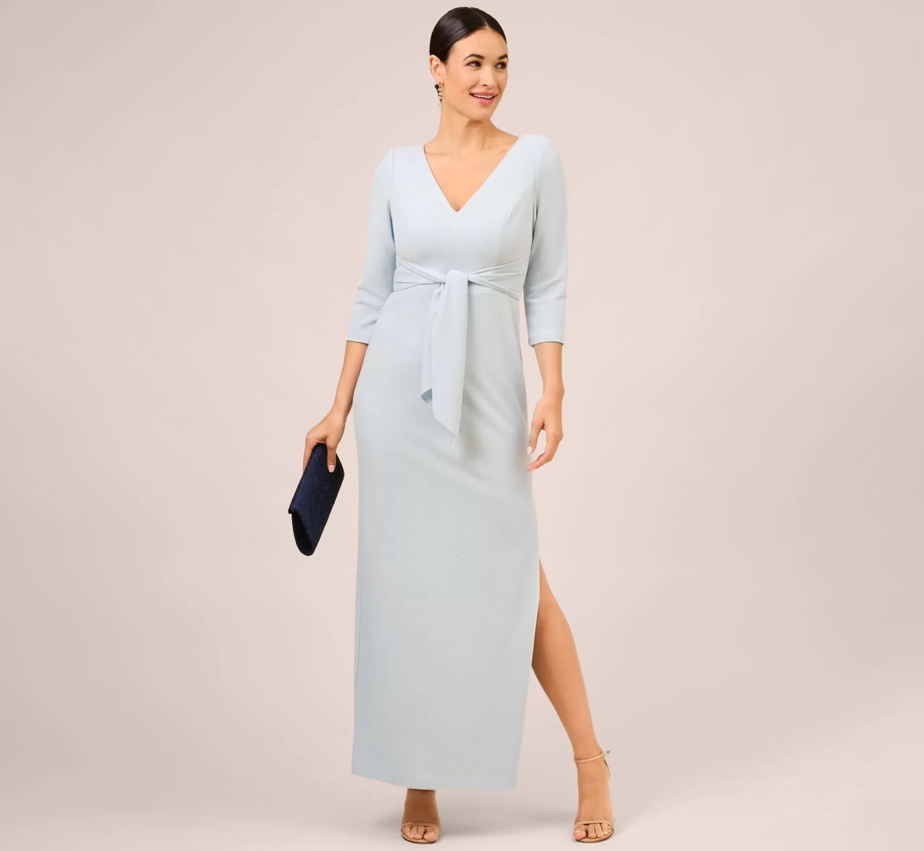 Outlet Metallic Knit Tie-Front Long Column Gown In Skyway Long Dresses | Sleeves