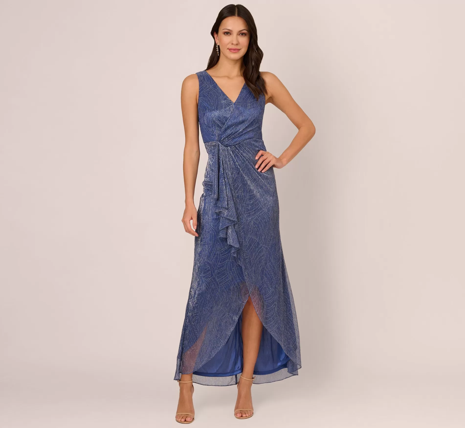 Clearance Metallic Mesh Faux Wrap Gown With Ruffle Accents In Light Navy Best Sellers | Black Tie