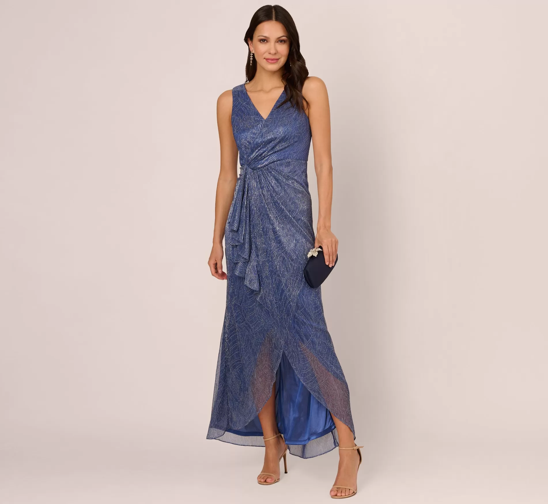 Clearance Metallic Mesh Faux Wrap Gown With Ruffle Accents In Light Navy Best Sellers | Black Tie