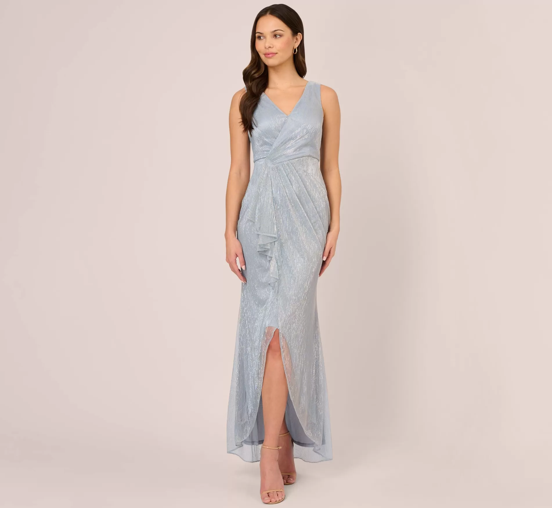 Sale Metallic Mesh Faux Wrap Gown With Ruffle Accents In Sky Blue Best Sellers | Black Tie