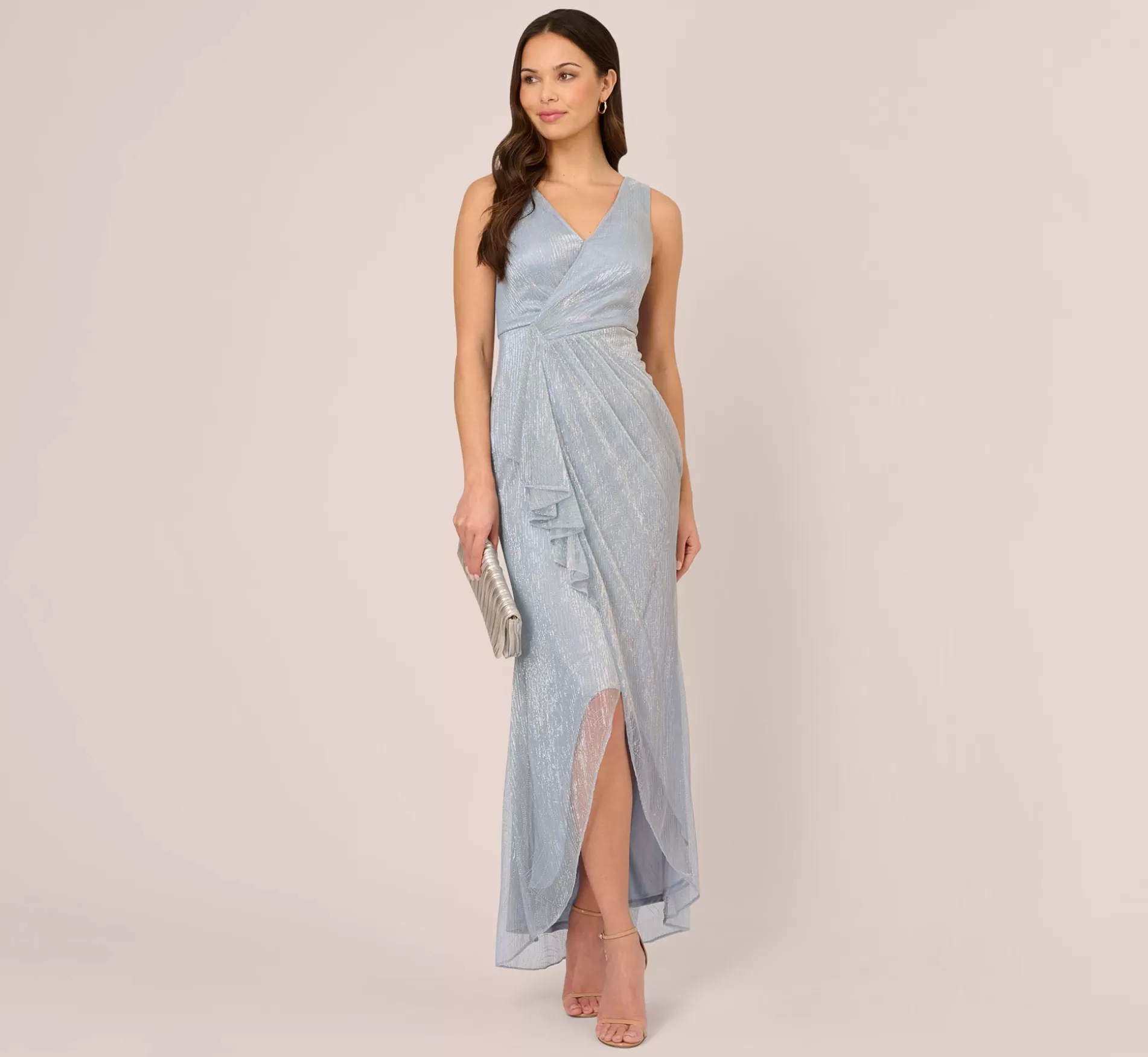 Sale Metallic Mesh Faux Wrap Gown With Ruffle Accents In Sky Blue Best Sellers | Black Tie
