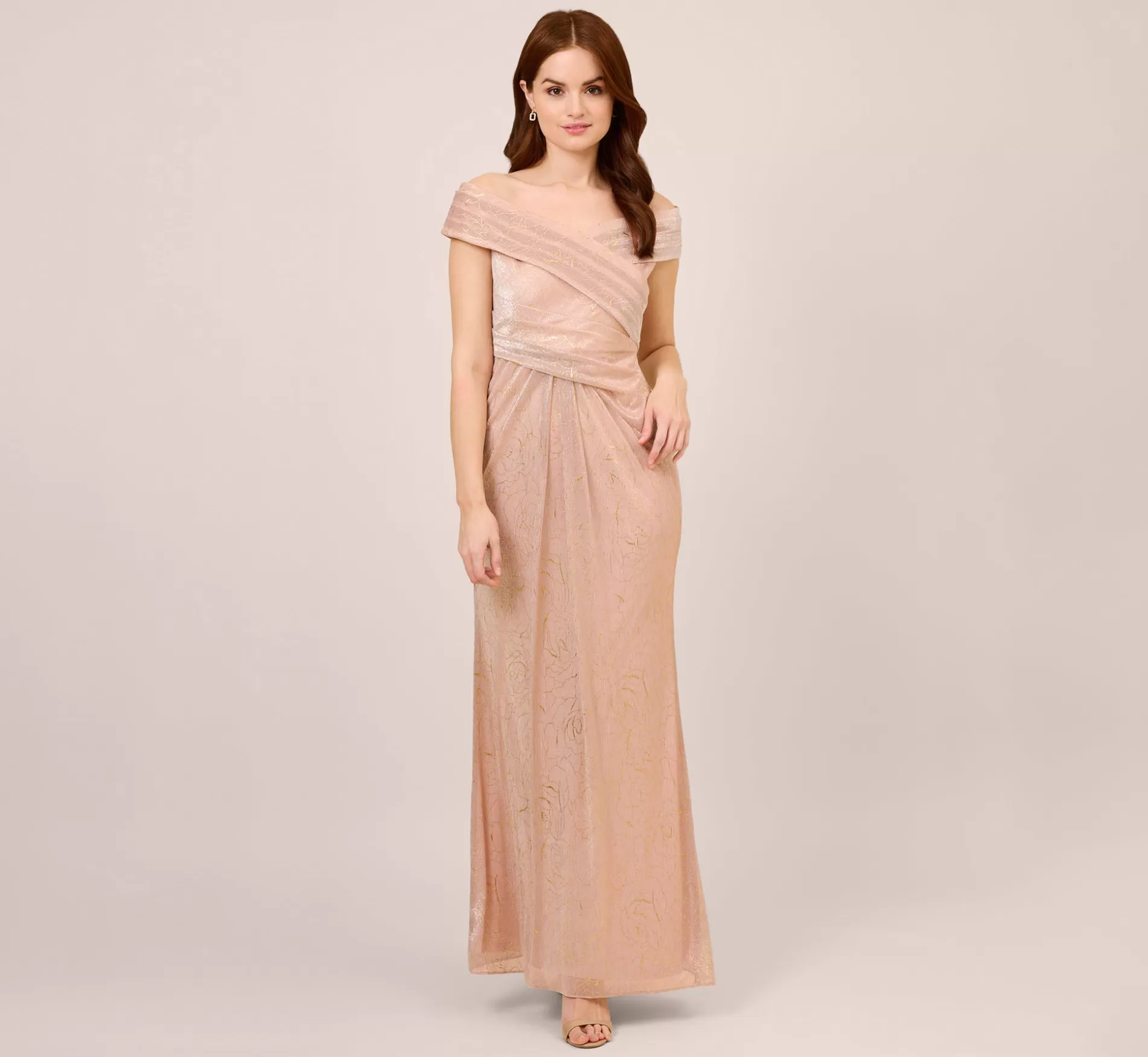 Fashion Metallic Rose Motif Off-The-Shoulder Long Gown In Rose Gold Long Dresses | Day Dresses