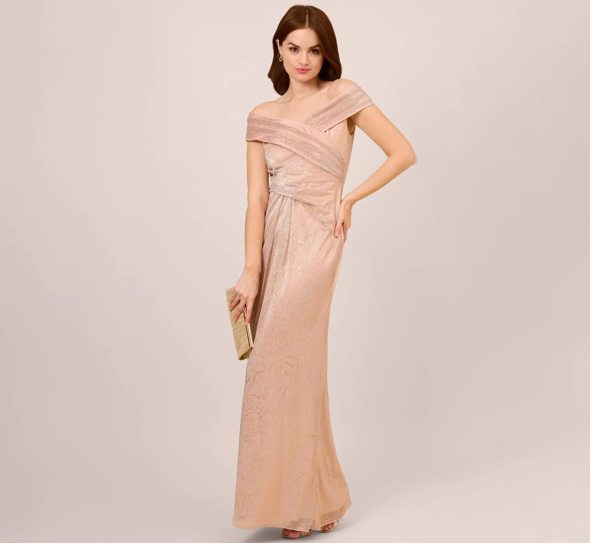 Fashion Metallic Rose Motif Off-The-Shoulder Long Gown In Rose Gold Long Dresses | Day Dresses