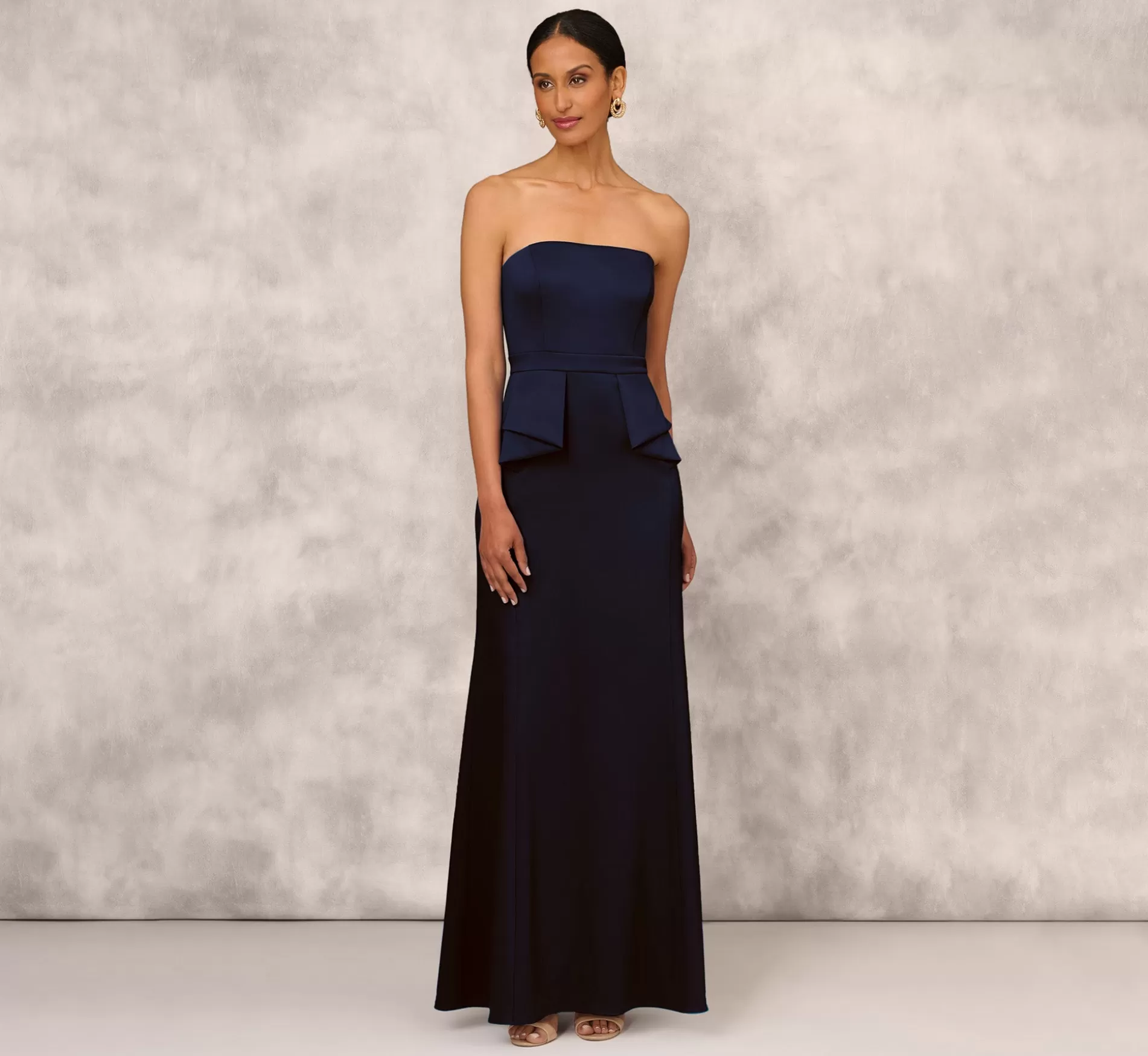 Flash Sale Mikado Strapless Gown With Peplum Sides In Navy Long Dresses