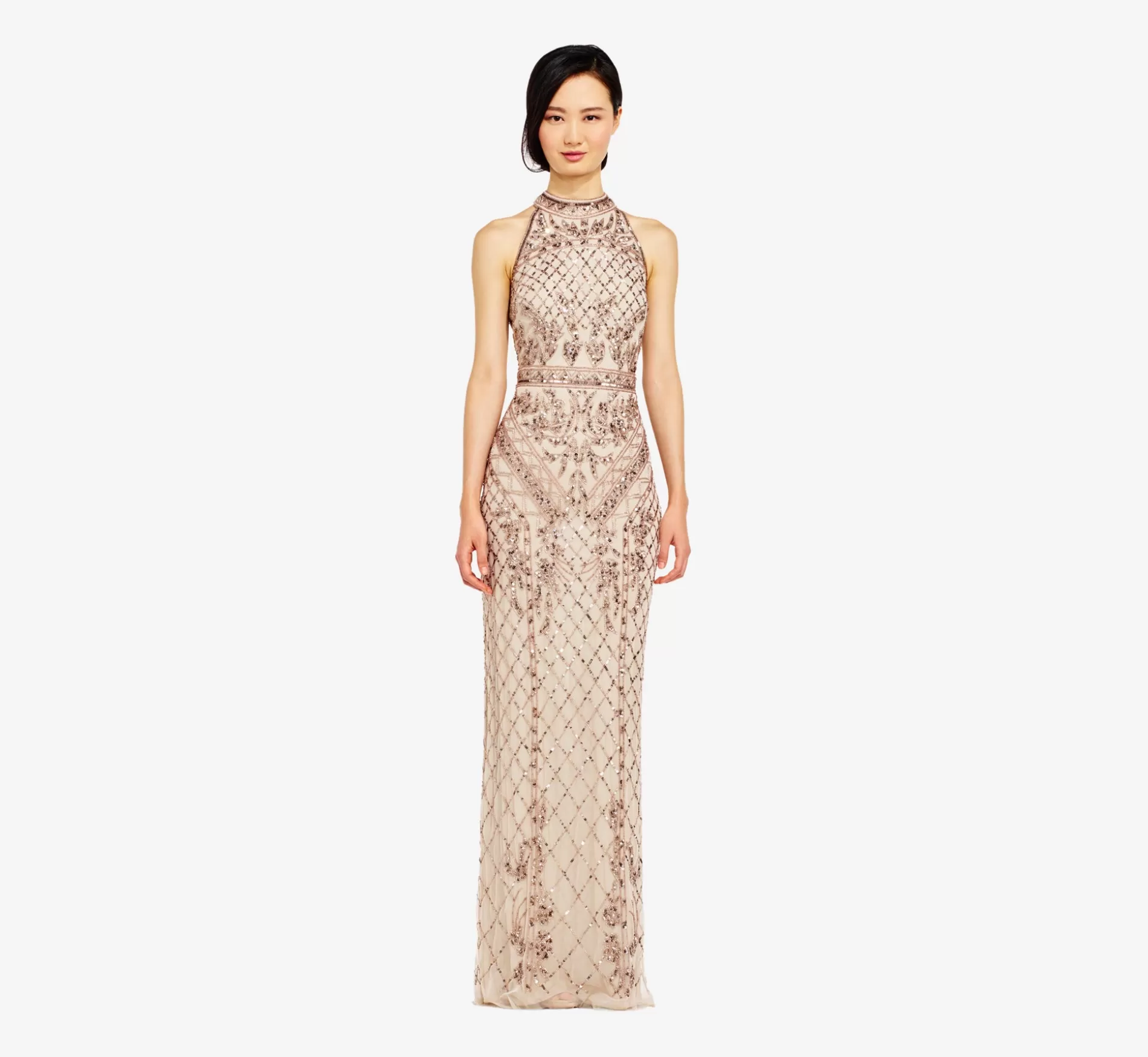 Fashion Mock Neck Beaded Column Dress With T-Back In Biscotti Long Dresses | Beaded