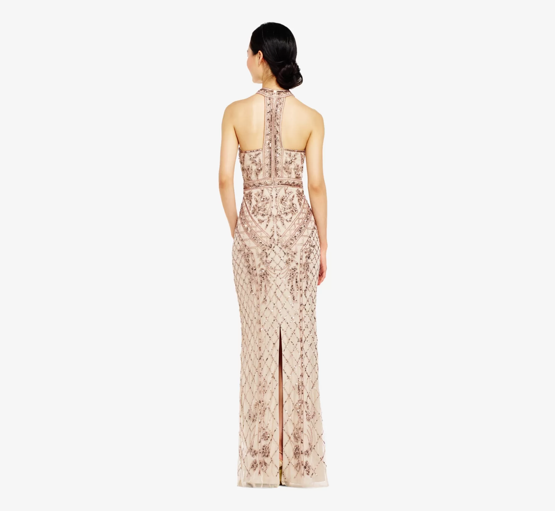 Fashion Mock Neck Beaded Column Dress With T-Back In Biscotti Long Dresses | Beaded