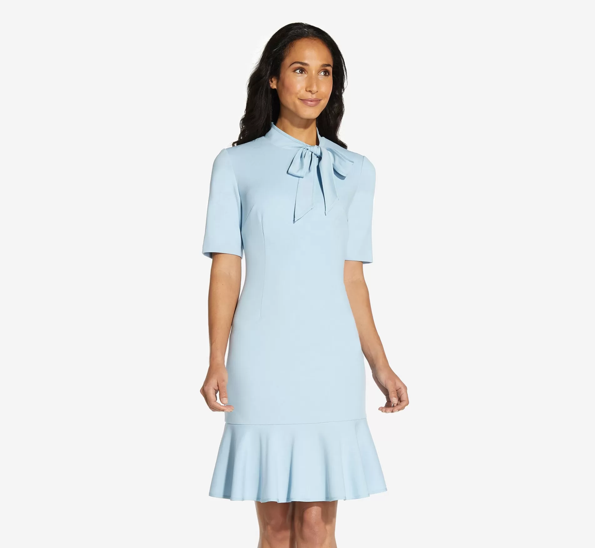 Shop Mock Neck Dress With Contrasting Bowtie In Blue Mist Day Dresses | Dresses with Sleeves