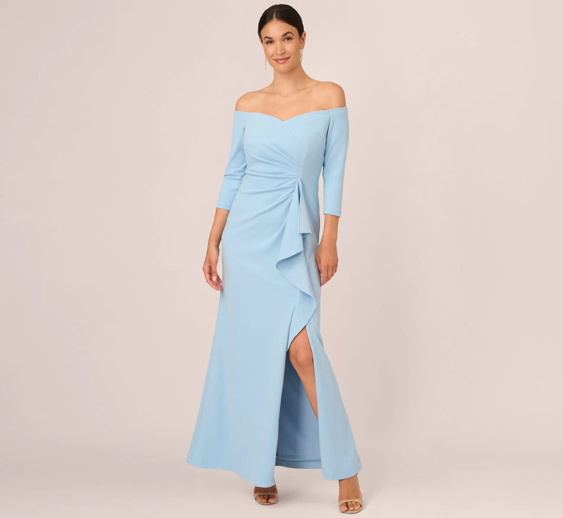 Sale Off The Shoulder Cascading Ruffle Gown In Blue Mist Long Dresses | Best Sellers