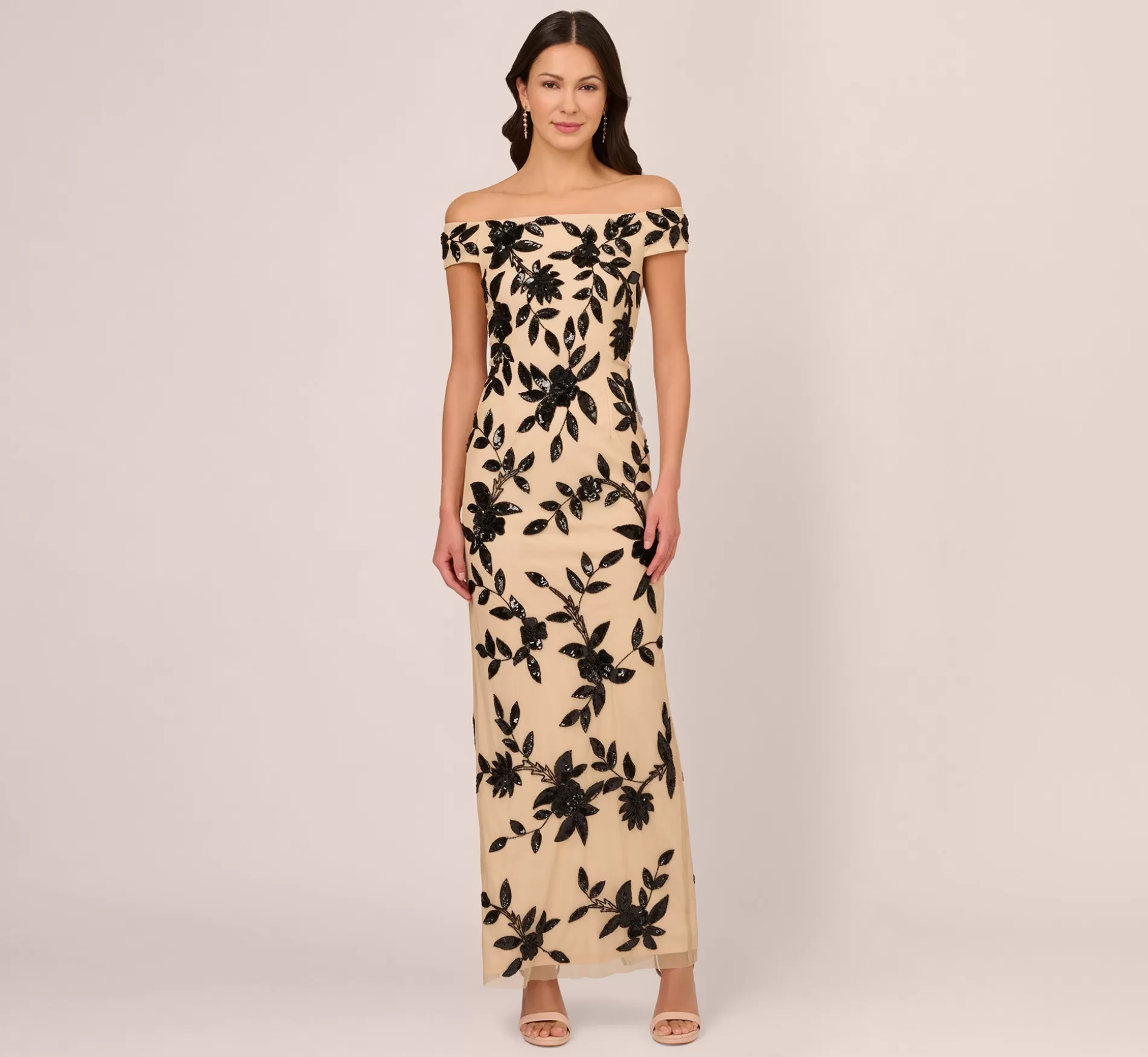 Outlet Off The Shoulder Column Gown With Leaf Beading In Black Nude Long Dresses | Black Tie
