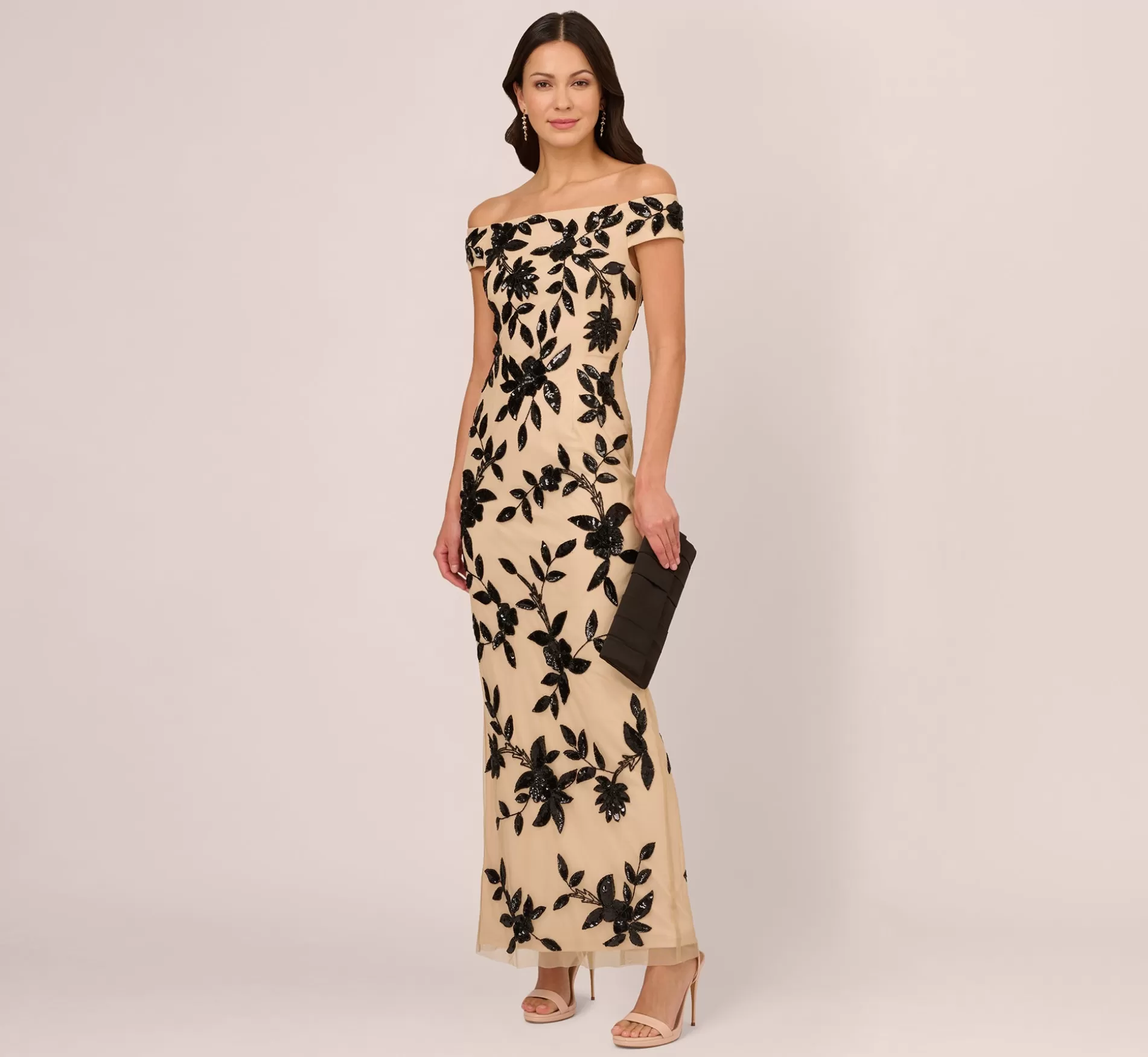Outlet Off The Shoulder Column Gown With Leaf Beading In Black Nude Long Dresses | Black Tie