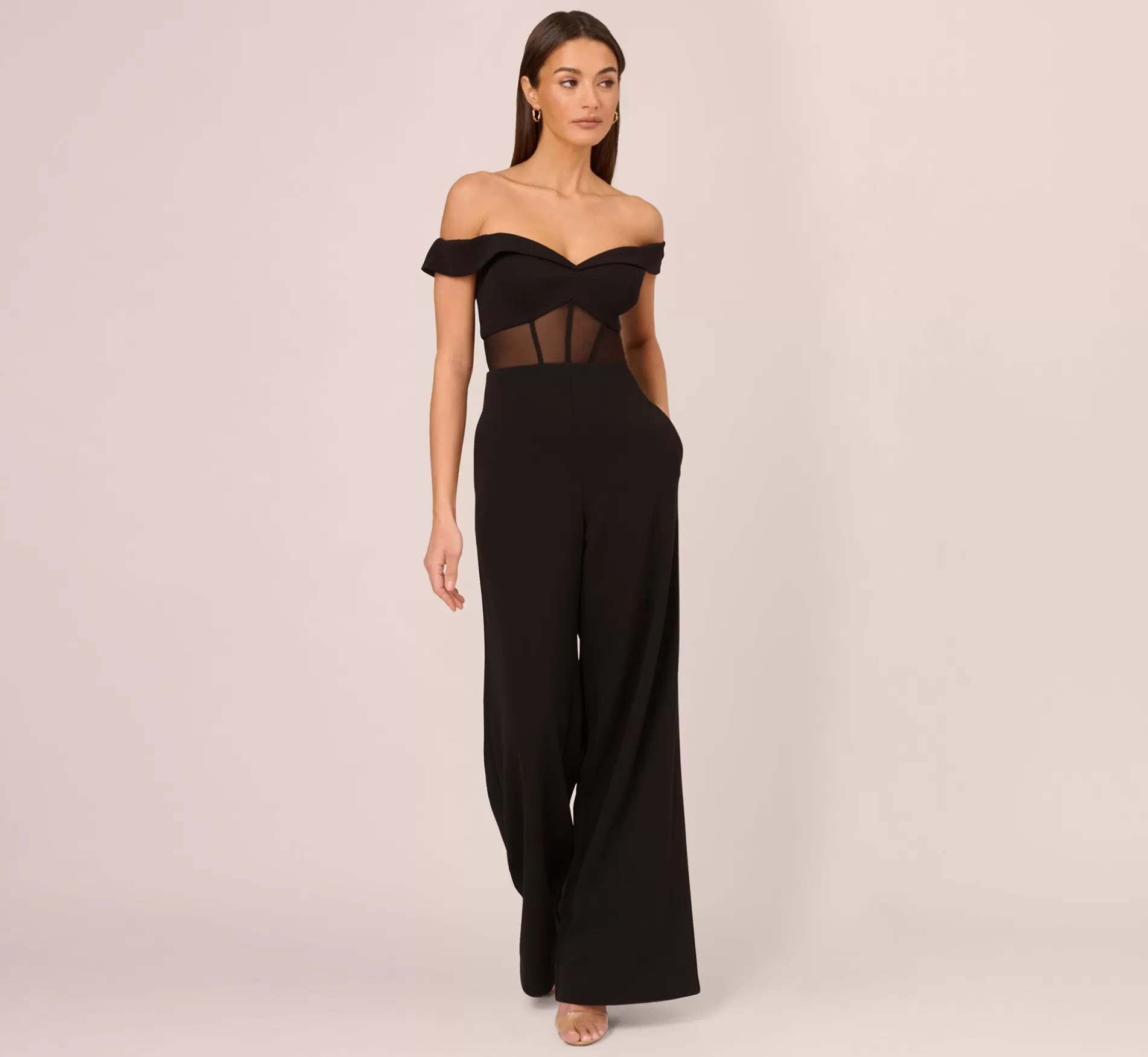 Store Off The Shoulder Jumpsuit With Sheer Corset Bodice In Black Formal