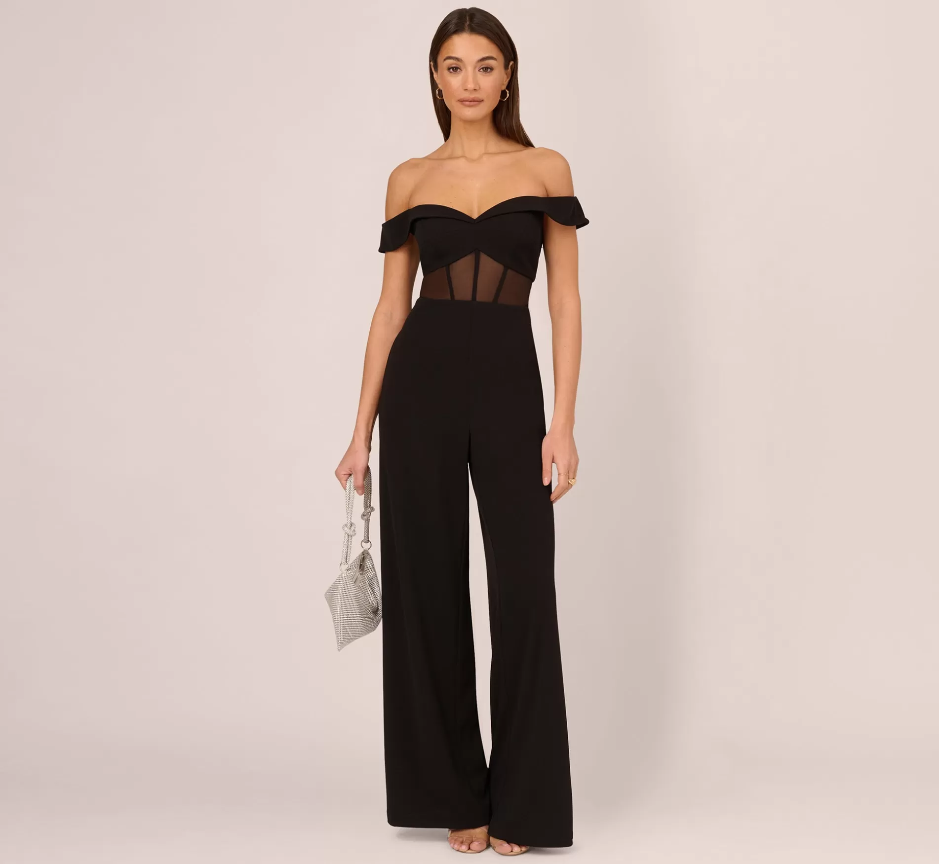 Store Off The Shoulder Jumpsuit With Sheer Corset Bodice In Black Formal