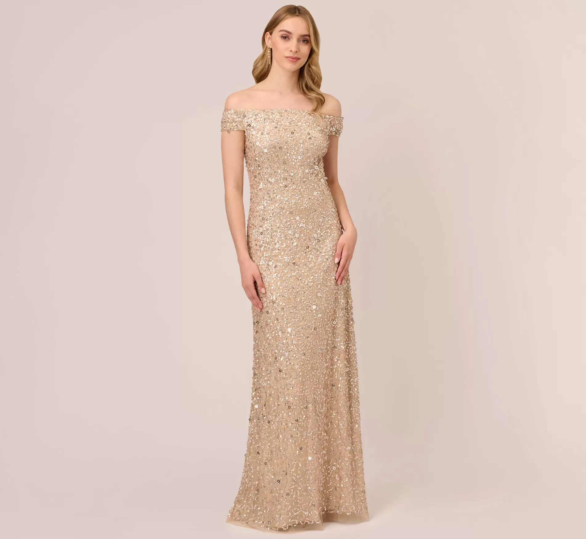 Hot Off The Shoulder Sequin Beaded Gown In Champagne Long Dresses | Best Sellers