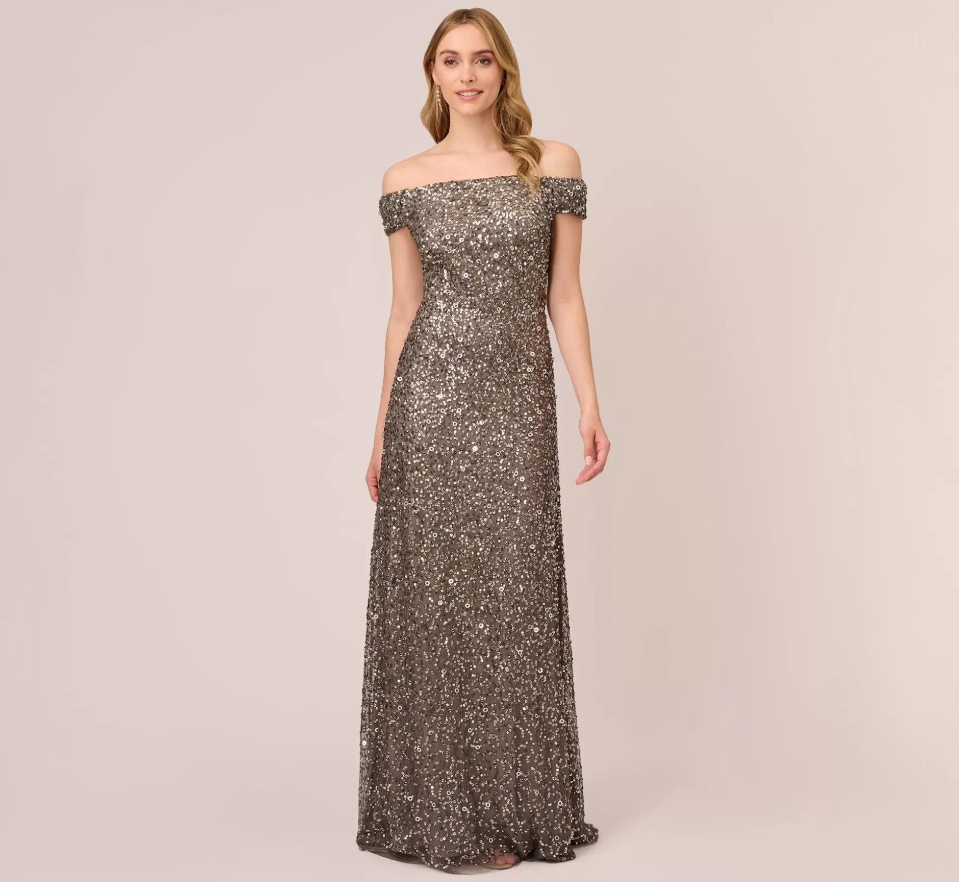 Outlet Off The Shoulder Sequin Beaded Gown In Lead Long Dresses | Beaded