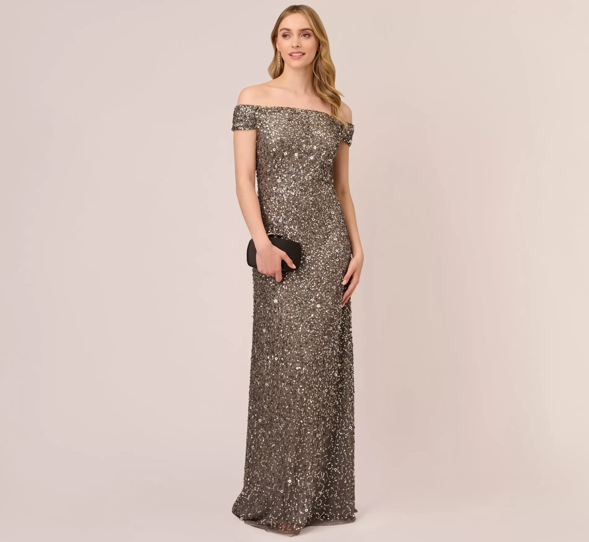 Outlet Off The Shoulder Sequin Beaded Gown In Lead Long Dresses | Beaded