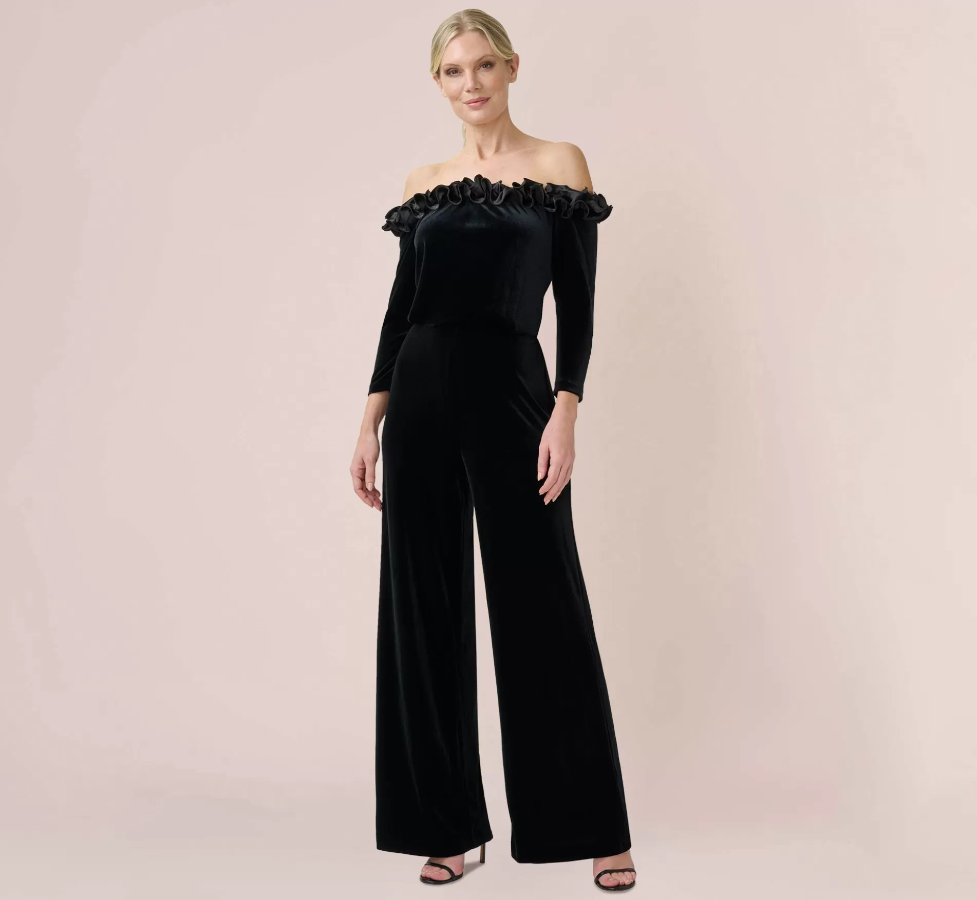 Flash Sale Off-The-Shoulder Velvet Blouson Jumpsuit With Satin Rosettes In Black Jumpsuits | Black Tie