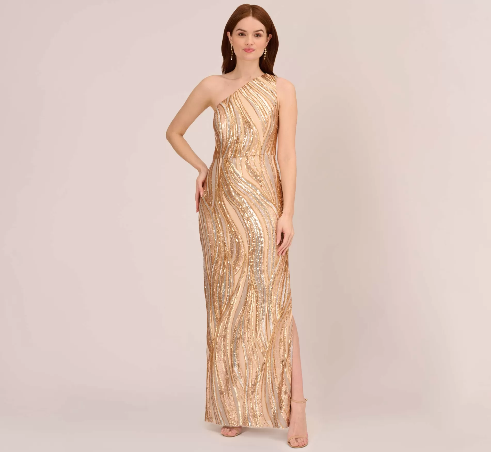 Shop One Shoulder Abstract Sequin Gown In Champagne Gold Multi Long Dresses | Black Tie