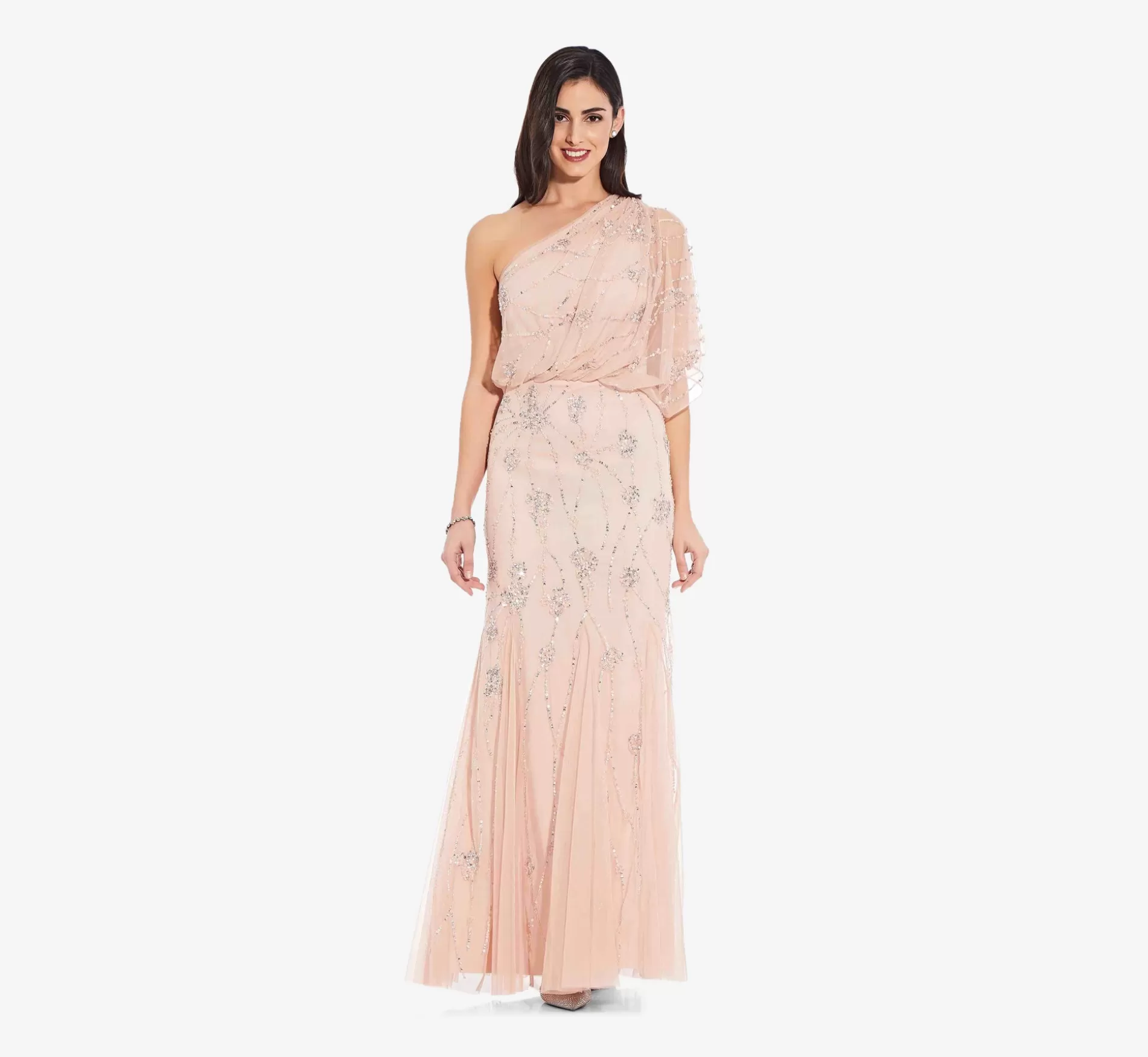 Flash Sale One Shoulder Beaded Gown In Blush Signature Blouson Collection | Long Dresses